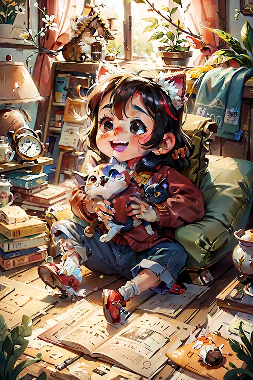 HAPPY CHILD WITH CAT'S EAR AT GRANDMA AND GRANDPA'S HOUSE
