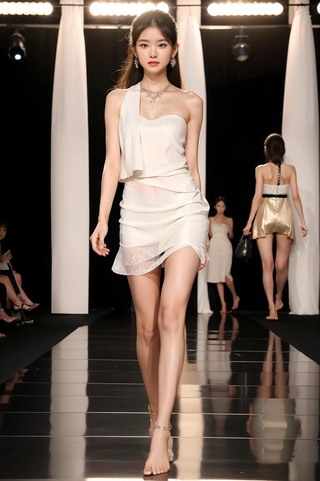 best qualtiy, jewelry，Full body like，Summer clothes，Fashion show，Barefoot，Refined face，pretty  face，1 25-year-old Asian female，slimfigure，Larger bust