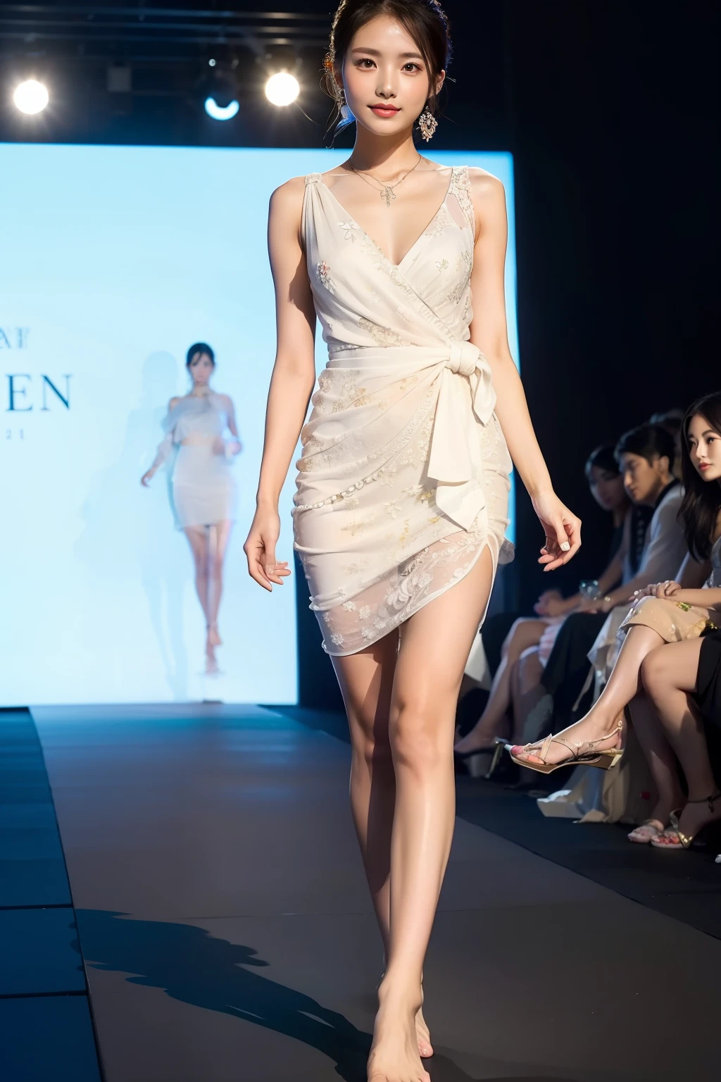 best qualtiy, jewelry,Full body like,Summer clothes,Fashion show,Barefoot,Refined face,pretty face,1 25-year-old Asian female,slimfigure,Larger bust