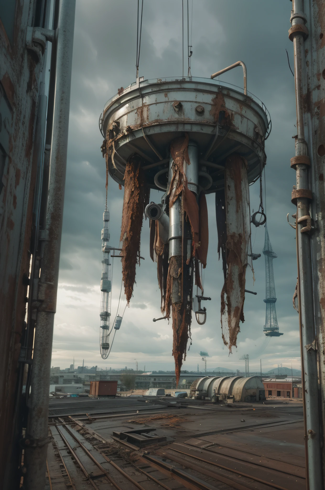 a heavily distorted, fading late morning heavily overcast sky, a singular object comprised of contorted feathers/machinery/pipes/rusted components is floating in the air, extra detail, 4kHD details, best resolution, surrealistic composition, extreme camera angle, motion blur, depth of field, foreshortening, tilted camera angle, cinematic lighting, movie scene, precise details, intense details, panoramic image, fish eye lens