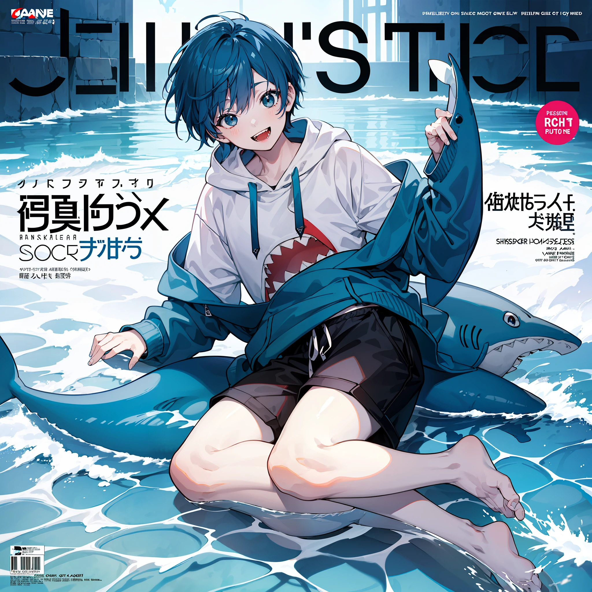 masterpiece, best quality, full body, (1boy), (Wearing a blue shark tail hoodie), (smiling shark teeth),(Boy Messy Japanese Round Haircut for Thick Hair), (blue hair), black shorts, ((solo)), (magazine:1.3), (cover-style:1.3), fashionable,Under water, (in side tunnel aquarium),