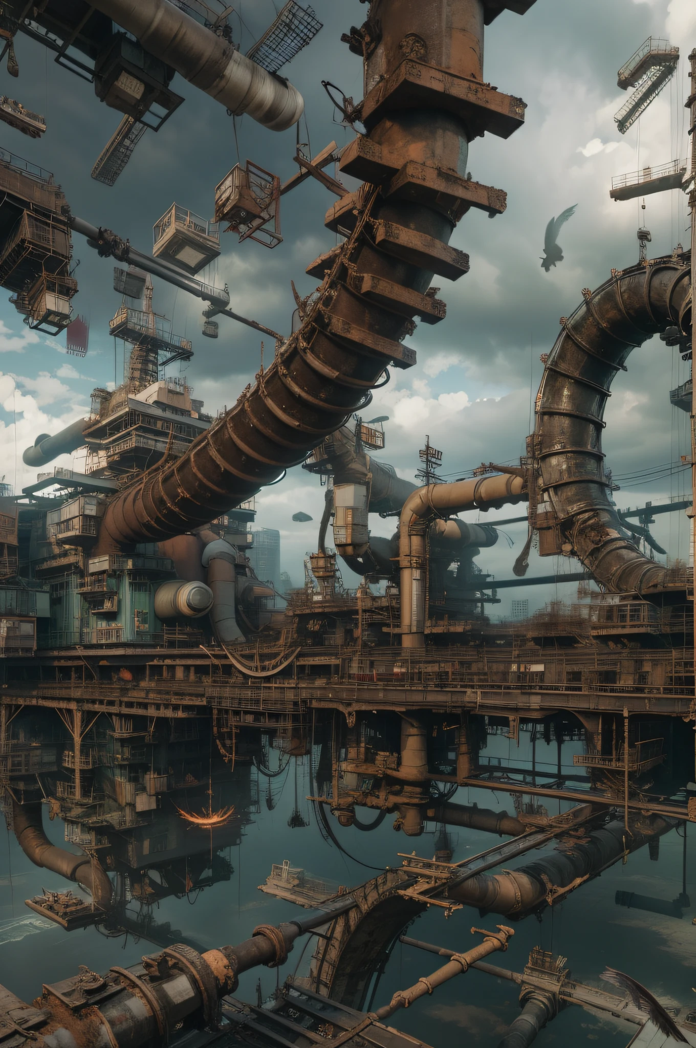 a heavily distorted, fading late morning heavily overcast sky, a singular object comprised of contorted feathers/machinery/pipes/rusted components is floating in the air, extra detail, 4kHD details, best resolution, surrealistic composition, extreme camera angle, motion blur, depth of field, foreshortening, tilted camera angle, cinematic lighting, movie scene, precise details, intense details, panoramic image, fish eye lens