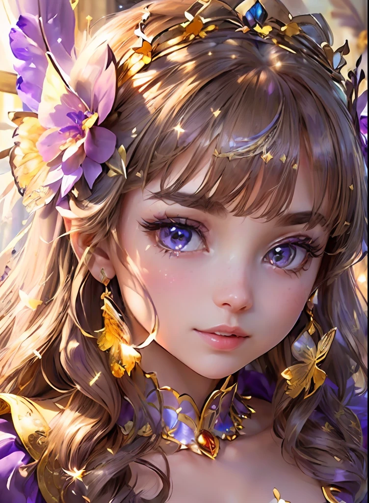 masterpiece, (((best quality))), ((highly detail eyes)), ((perfect eyes)), ((((beautiful eyes)))), both eyes are the same, smooth, (((((perfect face))))), extremely detailed 8K, high resolution, ultra quality, glare, Iridescent, Global illumination, real hair movement, realistic light, realistic shadow, perfect quality, detailed shadow and light, pixar, ((FANTASY)), ((MAGIC)), (((cinematic light))), colorful, hyperdetail, dramatic light, intricate details, best quality, (extremely detailed CG unit 8k wallpaper, masterpiece, best quality, ultradetailed, best shadow), (detailed background: 1.4), (beautiful and detailed face, beautiful detailed eyes), High contrast, (better lighting, extremely delicate and beautiful) beautiful and detailed brightness, 3D, HIPER quality, 2K, 3K, 5K, 6K, 7K, 8K, 

((((cute and delicate girl)))), ((((light brown  hair))))),((medium hair)), ((((kawaii)))), ((cute eyes))) , ((((kawaii eyes))))

((((Princess)))), ((((Princess flower crown))))

((((CHIC PERFECT PRINCESS LONG PURPLE FEATHER BRIGHT WITH FLOWERS AND GLITTER)))), ((((((PURPLE DRESS)))))
shiny crystal shoes, ((gold accessories, gold earrings, flower accessories, pearl accessories)),((happy expression)), (((blue crystals)))

((((INTERIOR OF THE CASTLE, CASTLE ROOM WITH FLOWERS, CASTLE ROOM WITH SUNSHINE, COZY CASTLE, BRIGHT CASTLE, CASTLE ROOM WITH LAMPS, PILLOWS, ))), ((WATER FOUNTAIN WITH ROSE FLOWERS)))), ((LAKE, SHELLS, FLOWERS,WATER SOURCE))), ((FIREPLACE))

(((SHINES, SPARKLES)), GOLD, (((sparkles))), ((shiny butterflies flying)),