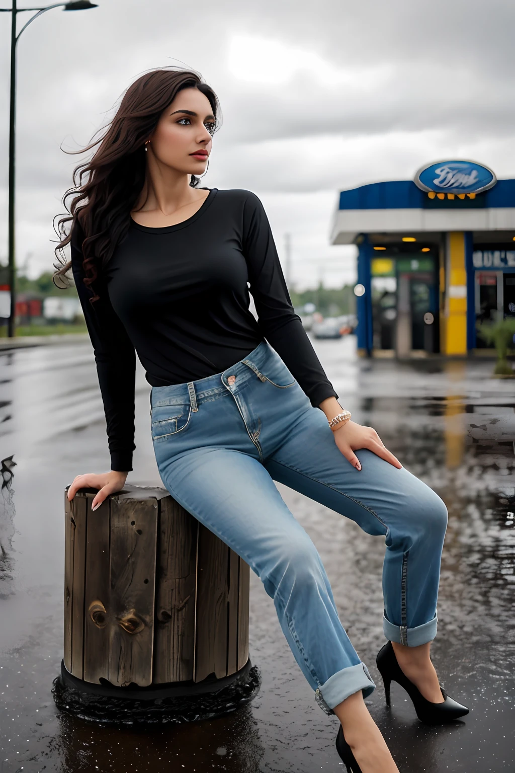 ((Best Quality, 8k, Masterpiece:1.3)), Focus: 1.2, Perfect Body Beauty: 1.4, Arabian 25 years old woman: 1.2, ((Short black curly Hair)), (White plain round neck regular fit basic tee-shirt:1.1), no print on Teeshirt, basic full body length regular fitting tee-shirt, Dark blue skinny jeans, long jeans: 1.1, Highly detailed face and skin texture, Detailed eyes, Double eyelids, toned body, Whitened skin, serious mood, large toned breasts, toned firm legs, high heel's, whitened skin, detailed black eyes, detailed face, middle eastern woman, baggy medium size basic tee-shirt, simple plain Baggy Tee-shirt, toned firm hips, 8K UHD, black anklet, model looks, apocalypse city, rainy weather, dark clouds, silver wrist watch, bracelet, bangle's, open legs style Posing, old gas station, sitting on a old wooden chair, high heels, detailed beautiful feets, detailed feets fingers and shape, dusty sunny weather, old petrol pump, rainy atmosphere, wet roads, model shoot style, she's standing front of Ford Thunderbird, cloudy sky