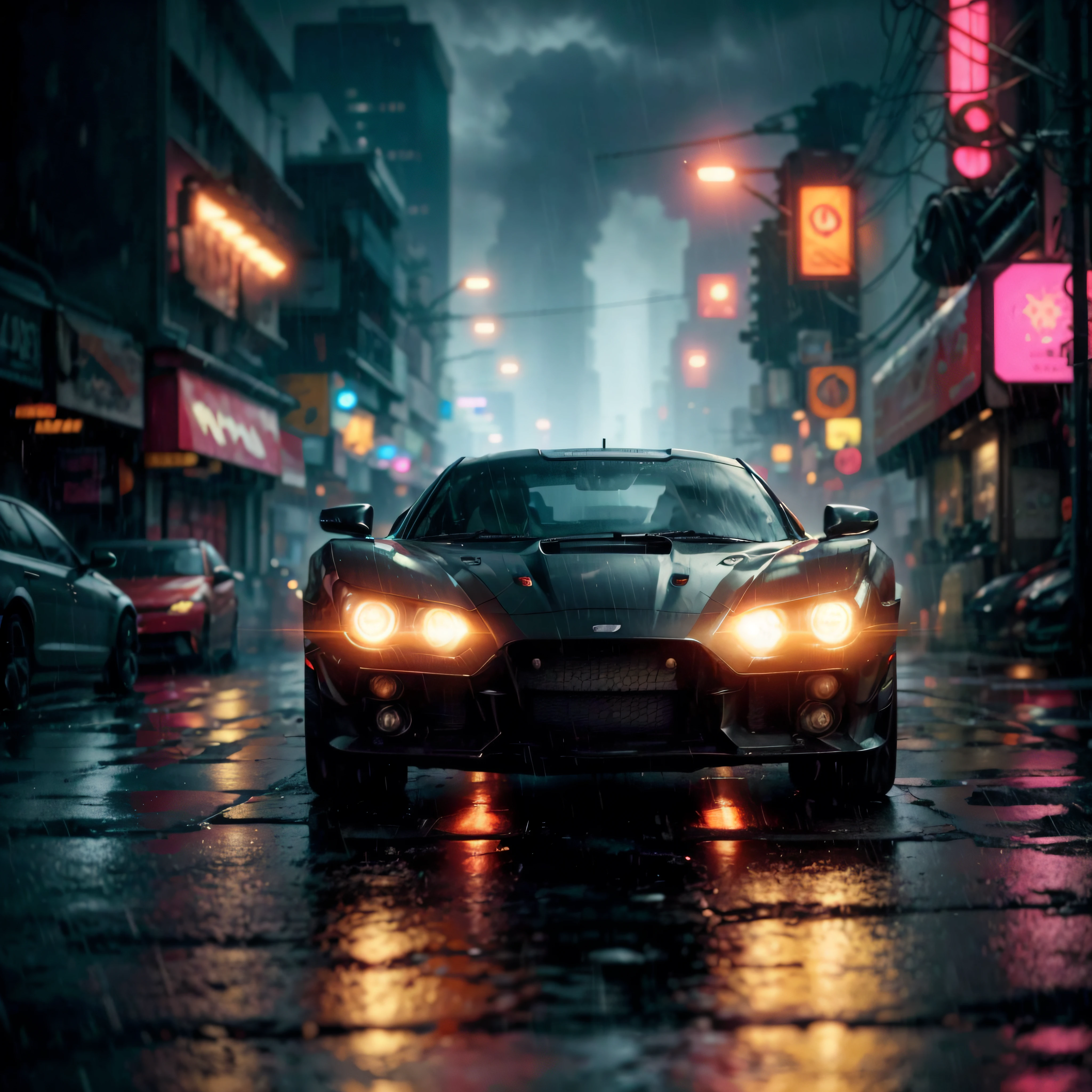 Photography of a Blade Runner futuristic car, cruising through the neon-lit streets of a rain-soaked cityscape. The sleek vehicle's angular design and glowing LED lights create a striking contrast against the dark, gritty environment. Shot from a low angle, this image captures the car's aggressive stance and futuristic aesthetic. The wet asphalt reflects the car's reflection, adding a sense of depth and mystery to the scene. The photo's color grading enhances the cyberpunk atmosphere, evoking a sense of excitement and anticipation. vissible rain drops