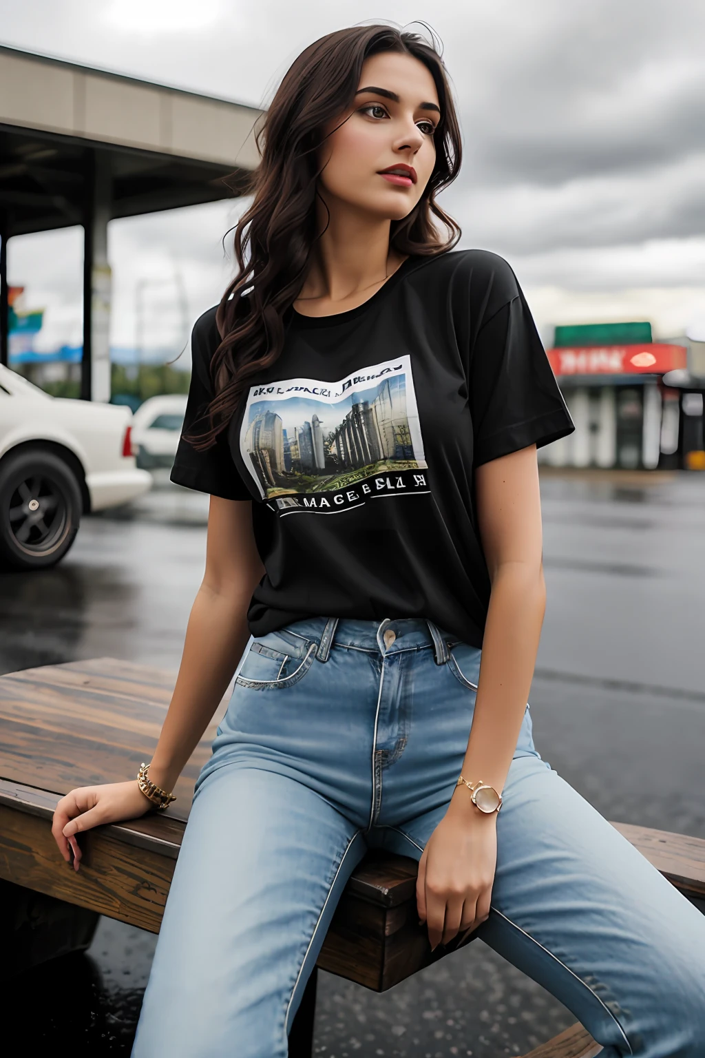 ((Best Quality, 8k, Masterpiece:1.3)), Focus: 1.2, Perfect Body Beauty: 1.4, Arabian 25 years old woman: 1.2, ((Short black curly Hair)), (White plain round neck regular fit basic tee-shirt:1.1), no print on Teeshirt, basic full body length regular fitting tee-shirt, Dark blue skinny jeans, long jeans: 1.1, Highly detailed face and skin texture, Detailed eyes, Double eyelids, toned body, Whitened skin, serious mood, large toned breasts, toned firm legs, high heel's, whitened skin, detailed black eyes, detailed face, middle eastern woman, baggy medium size basic tee-shirt, simple plain Baggy Tee-shirt, toned firm hips, 8K UHD, black anklet, model looks, apocalypse city, rainy weather, dark clouds, silver wrist watch, bracelet, bangle's, open legs style Posing, old gas station, sitting on a old wooden chair, high heels, detailed beautiful feets, detailed feets fingers and shape, dusty sunny weather, old petrol pump, rainy atmosphere, wet roads, model shoot style, she's standing front of Ford Thunderbird, cloudy sky