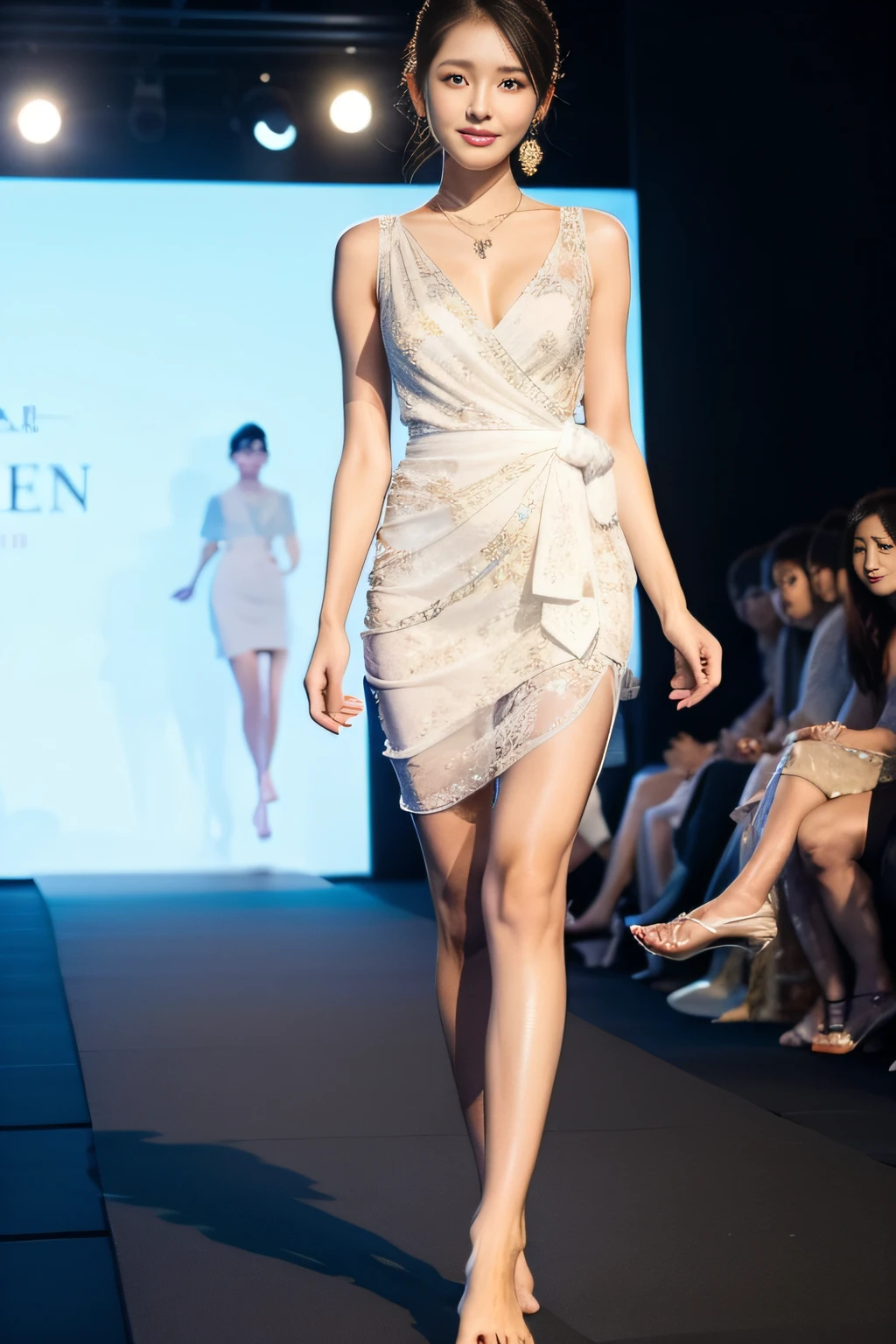 best qualtiy, jewelry,Full body like,Summer clothes,Fashion show,Barefoot,Refined face,pretty face,1 25-year-old Asian female,slimfigure,Larger bust
