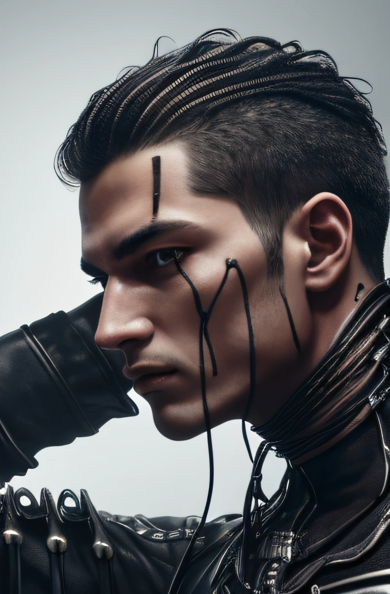young man, handsome face, detailed face, ((ultra realistic details)), portrait, global illumination, shadows, octane render, 8k, ultra sharp,metal,intricate, ornaments detailed, cold colors, egypician detail, highly intricate details, realistic light, trending on cgsociety, glowing eyes, facing camera, neon details, machanical limbs,blood vessels connected to tubes, mechanical vertebra attaching to back,mechanical cervial attaching to neck,sitting,wires and cables connecting to head