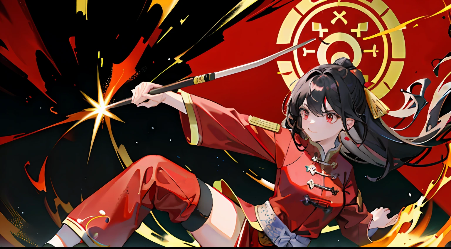 1girll, Chinese flag emblem,Martial arts costumes,Red top,Black underwear,pelo rojo corto,Gold accents,Don Dao,Domineering