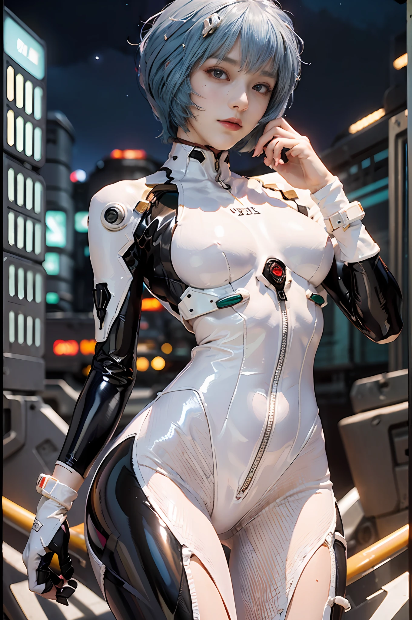 Masterpiece,NSFW1.1,((Whole body:1.1))))), (Realistic),Photos, Best Quality, 1 female,((Tall:1.1))),Ear fold,(((Rei Ayanami, Plug Suit 00:1.1))),((Red Eyes,Beautiful Face, Beautiful Eyes:1.1)))), (((Cute Face)), Wet Eyes, Face,Detail Face, Detail Lips, Detail Eyes, (Thin and Sharp Pale Eyebrows :1.1 long eyelashes), double eyelids, (seductive smile), (gentle expression, fleeting expression))),(turning sexy pose), sexy buttocks, (pearl rubber suit with strong metallic luster and smooth surface), ((sexy tight metallic shiny latex suit)))), (two thick black lines from thighs to buttocks: 1.1))), ( Movie lighting: 1.1),From below, (upright), (camelt), (sleek body line)), pale short hair, (pale thin eyebrows)), beautiful hair, (big round sexy breasts: 1.5), small logo pattern on the chest 00:1.1,mech suit, sexy thin long waist, white skin, (advanced cyberpunk research facility in the background)),(Spectacular midnight starry sky in the background : 1.5, a magnificent large full moon in the background, a spaceship in the background)))), (Face and eye details: 1.1), loneliness, blushing, (shy sexy pose)), very delicate and beautiful girl, standing, ((sexy pose with both hands on it)),(Sexy pose with closed legs)),(To8 contrast style), small egg-shaped psychosensory device on both sides of the head