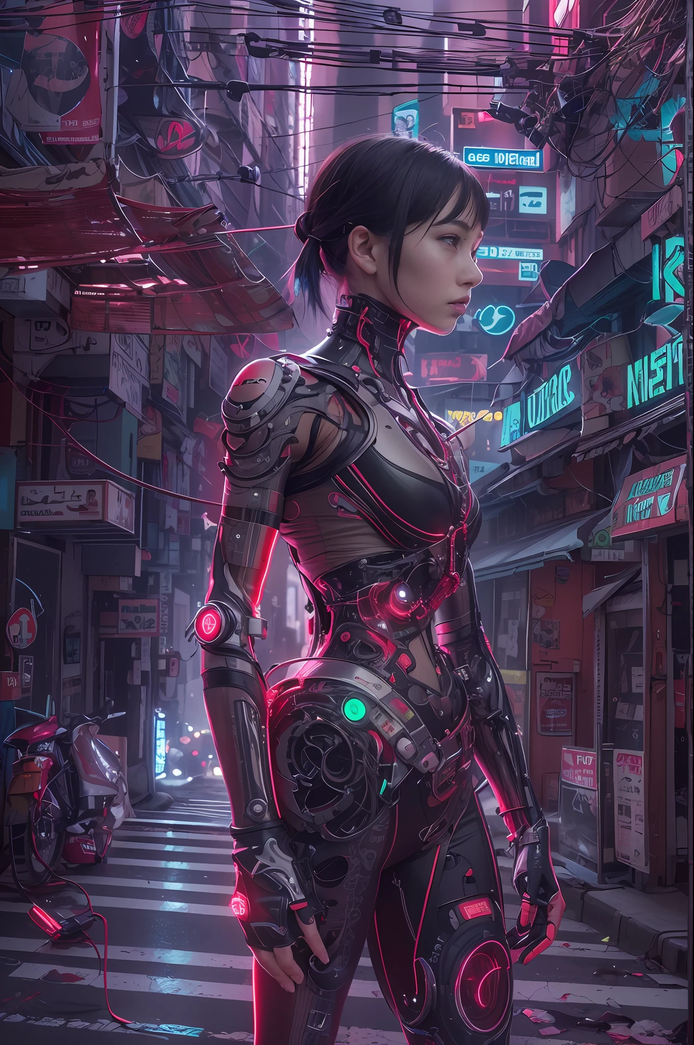Top Quality, Masterpiece, Ultra High Resolution, ((Photorealistic: 1.4), Raw Photo, 1 cyberpunk Girl, Black Hair, Glossy Skin, 1 Mechanical Girl, (Ultra Realistic Details)), cinematic lighting, deep shadows, Octane Rendering, 8K, Ultra Sharp, Metal, Intricate Ornament Details, Egyptian Details, Very intricate details, realistic light, CGSoation trend, facing the camera, neon details, mechanical limbs, blood vessels connected to the tube, mechanical vertebrae attached to the back, mechanical cervical attachment to the neck, wires and cables connecting to the head, evangelion, small glowing LED lamps, (dazzling Cyberpunk city streets in background).