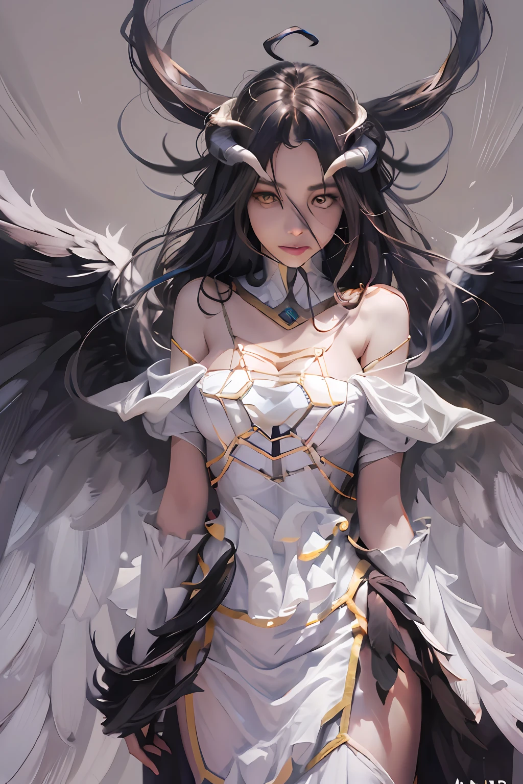 masterpiece, best quality, highres, al1, demon horns, slit pupils, white gloves, white dress, bare shoulders, detached collar, cleavage, black wings, feathered wings, low wings, cowboy shot, standing, smile, dungeon, evil smile,