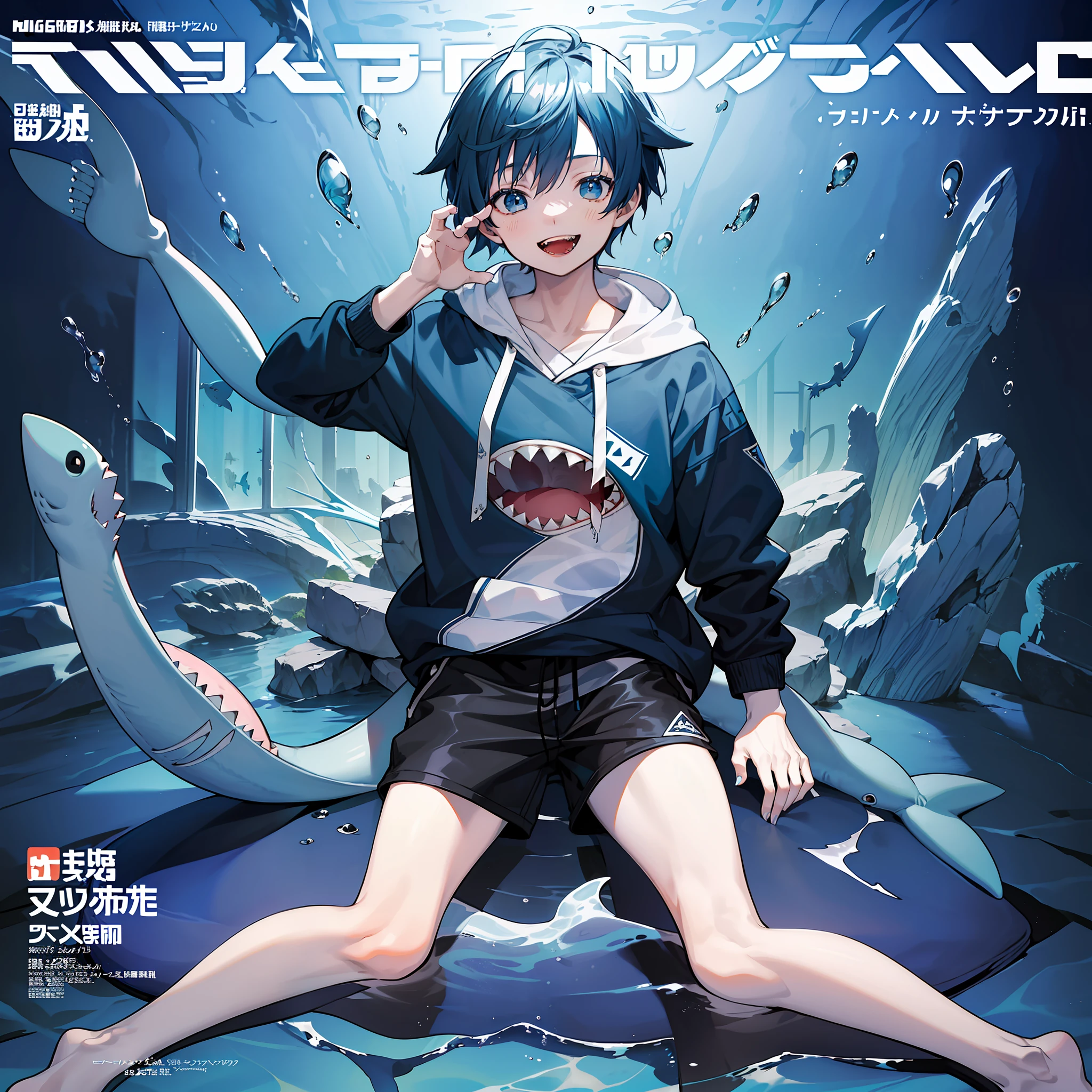 masterpiece, best quality, full body, (1boy), (Wearing a blue shark tail hoodie), (smiling shark teeth),(Boy Messy Japanese Round Haircut for Thick Hair), (blue hair), black shorts, ((solo)), (magazine:1.3), (cover-style:1.3), fashionable,Under water, (in side tunnel aquarium),