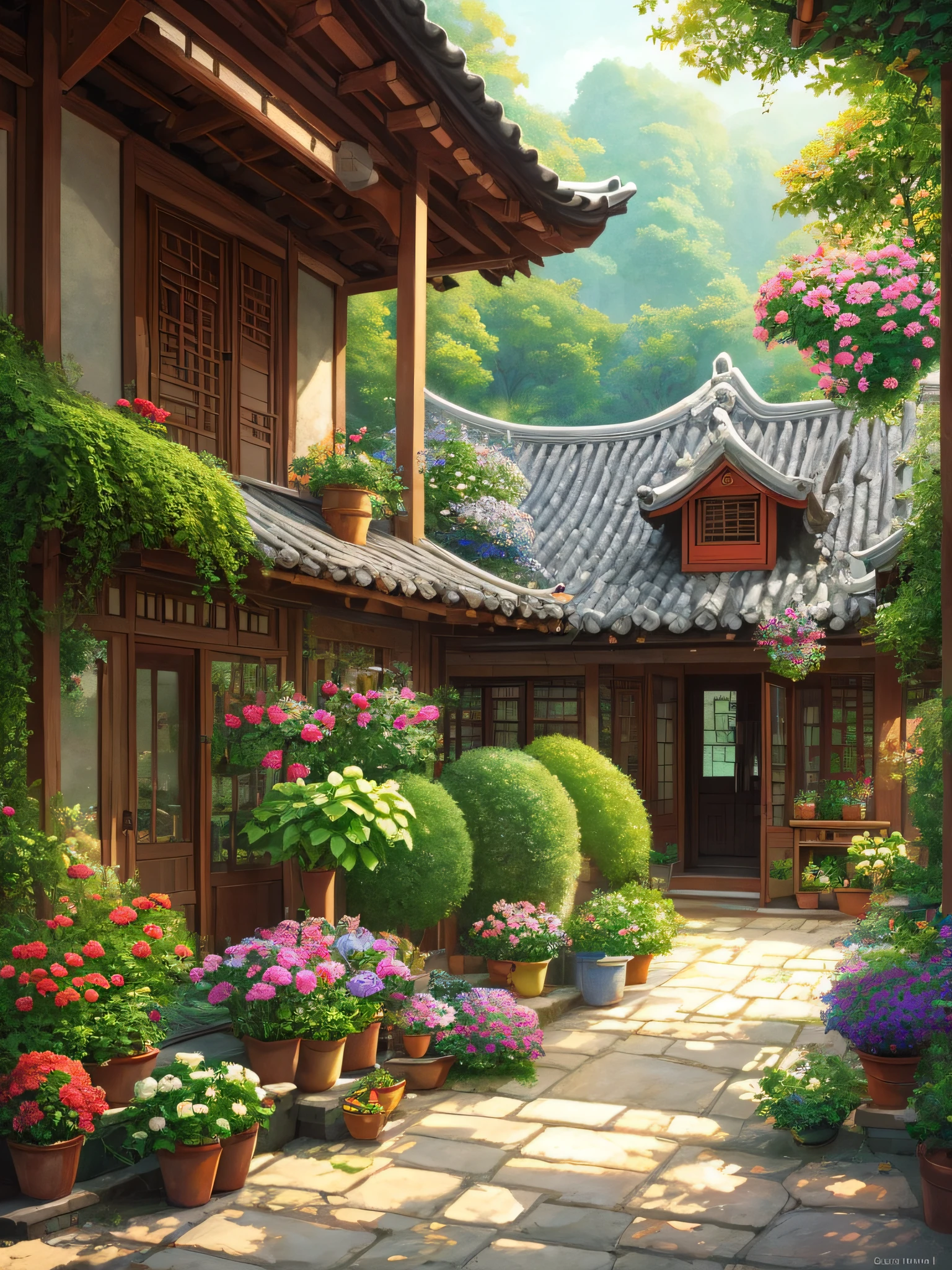The courtyard of a Chinese village house in the 80s,A table in the middle is lined with vegetables and fruits,Inspired by the digital paintings of Guido Borrell da Caluso, deviantart contest winner, naive art, soothing and cozy landscape, cottagecore, idyllic cottage, cottagecore!!, Morning time, Calm summer, cozy place, Flowers and plants were planted in the yard, tomas kinkade. Lovely comfortable room, peaceful scene,Works of masters,Anime background art,ghibli studio art