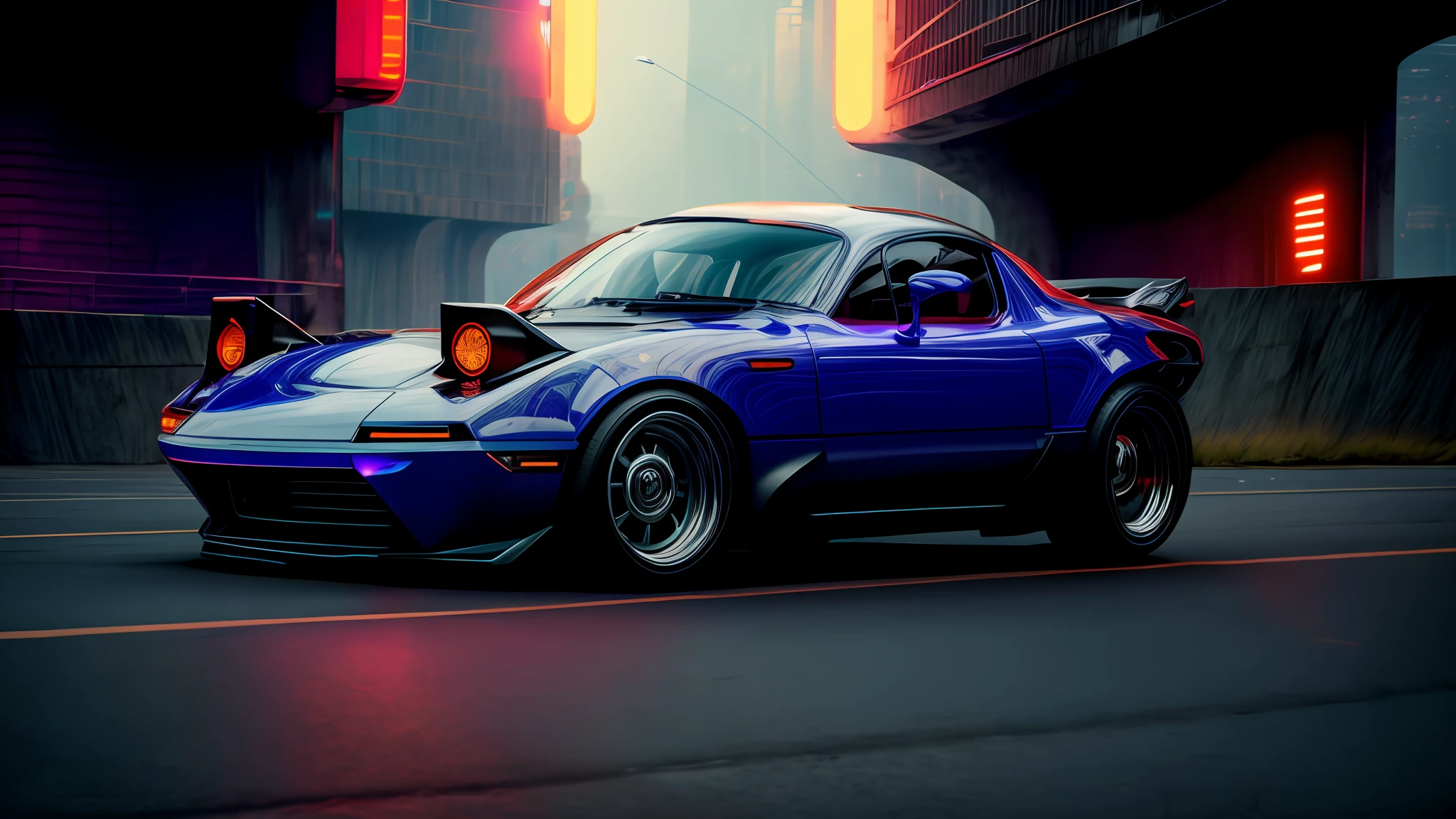 Photography of a Blade Runner futuristic car speeding through a tunnel, its sleek body illuminated by the vibrant colors of the neon lights that line the walls. The car's streamlined design cuts through the motion-blurred background, creating a sense of speed and excitement. Shot from a low angle, this image captures the car's dynamic movement and futuristic aesthetic. The photo's high contrast and vivid colors enhance the futuristic atmosphere, immersing viewers in a thrilling chase through a cyberpunk world. reflections of building lights on car