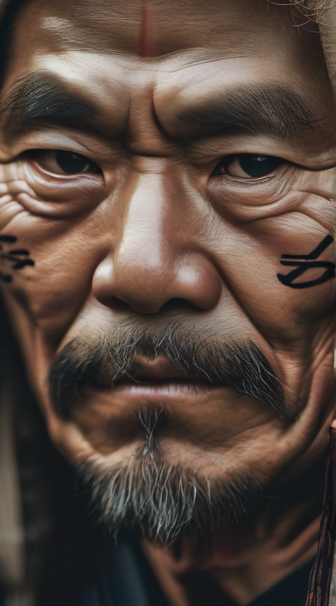 50 years old samurai japanese face close up, warrior look, cinematographic, real details
