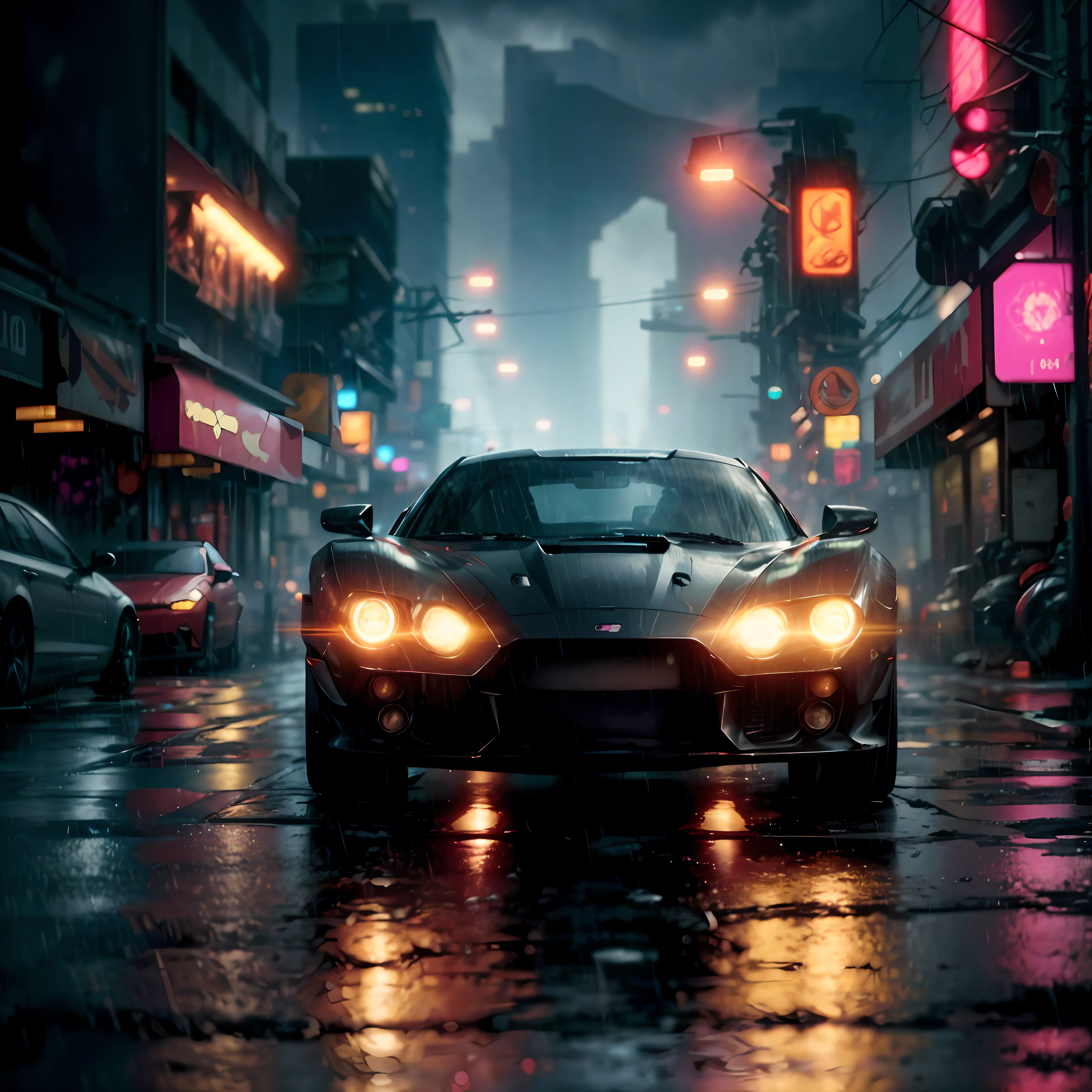 Photography of a Blade Runner futuristic car, cruising through the neon-lit streets of a rain-soaked cityscape. The sleek vehicle's angular design and glowing LED lights create a striking contrast against the dark, gritty environment. Shot from a low angle, this image captures the car's aggressive stance and futuristic aesthetic. The wet asphalt reflects the car's reflection, adding a sense of depth and mystery to the scene. The photo's color grading enhances the cyberpunk atmosphere, evoking a sense of excitement and anticipation. vissible rain drops