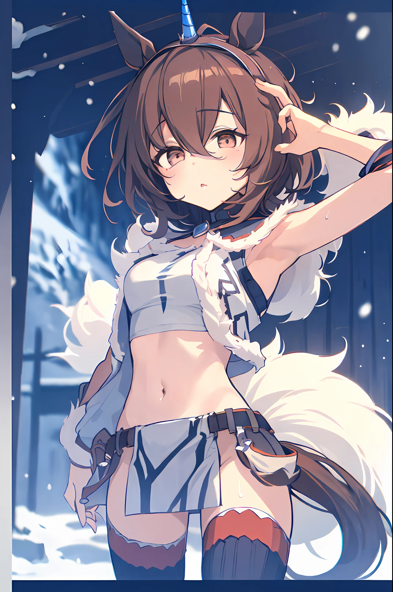 Very cute girl,(Umamusume,horse tail:1.1),snow mountains,1girl,Solo,brown hair,((kirin armor, bare thigh,navel,bare armpit,kirin hair)),dynamic pose,BREAK (masterpiece, best quality,hyper detailed,correct anatomy,perfect anatomy, perfect hands,perfect fingers,shiny,chromatic aberration abuse,absurdres absolutely resolution,pastel color,unity 8k wallpaper,perfect lighting,beautiful face),