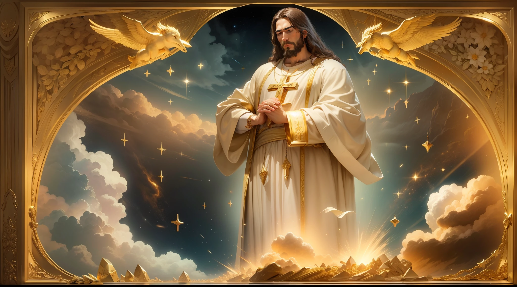 dinheiro, SACRED BIBLE, POWERFUL PRAYER, Biblical setting, Jesus in prayer , Gold in abundance, sacred prayer. prosperidade, riqueza, velas de ouro, jesus cristo, chuva de ouro, nuvens, estrelas cintilantes