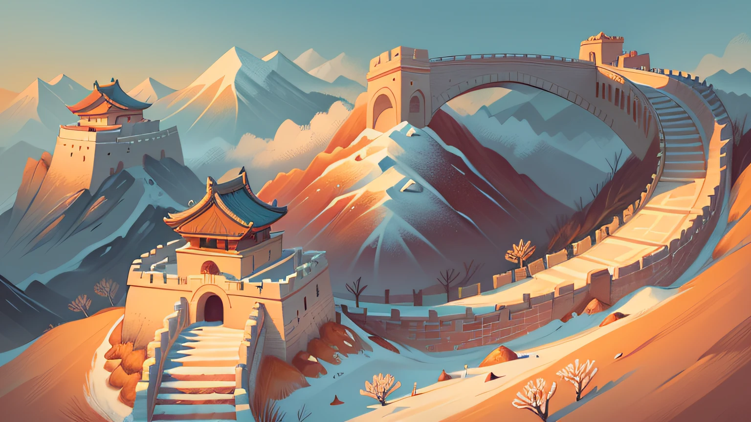 The background color is warm，daysies，Flat illustration art style，There is a painting with the theme of the Great Wall，In winter, You can see nearby beacons and snowy scenes，The background tone is warm，detail-rich，The style of the artwork belongs to the Z style。The picture shows a magnificent view of the Great Wall。