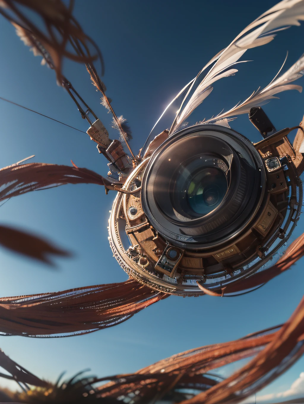 a heavily distorted, fading late morning clear sky, a singular object comprised of contorted feathers/machinery/pipes/rusted components is floating in the air, steel strings weave into each other, extra detail, 4kHD details, best resolution, surrealistic composition, extreme camera angle, motion blur, depth of field, foreshortening, tilted camera angle, cinematic lighting, movie scene, lens flare, fisheye lens