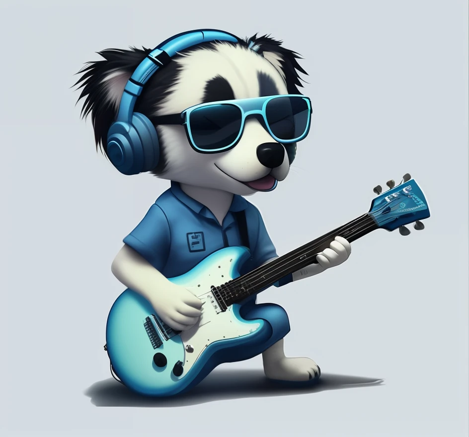 a close up of a dog with headphones playing a guitar, rocking out, jamming to music, bassist, guitar solo, he is a rockstar, extremely high quality artwork, profile pic, heavy blues rock, furry artist, guitarist, koala playing a guitar, high quality artwork, bass music, cute artwork, avatar image, looking heckin cool and stylish, avatar for website with light pink shirt, headphones and guitar