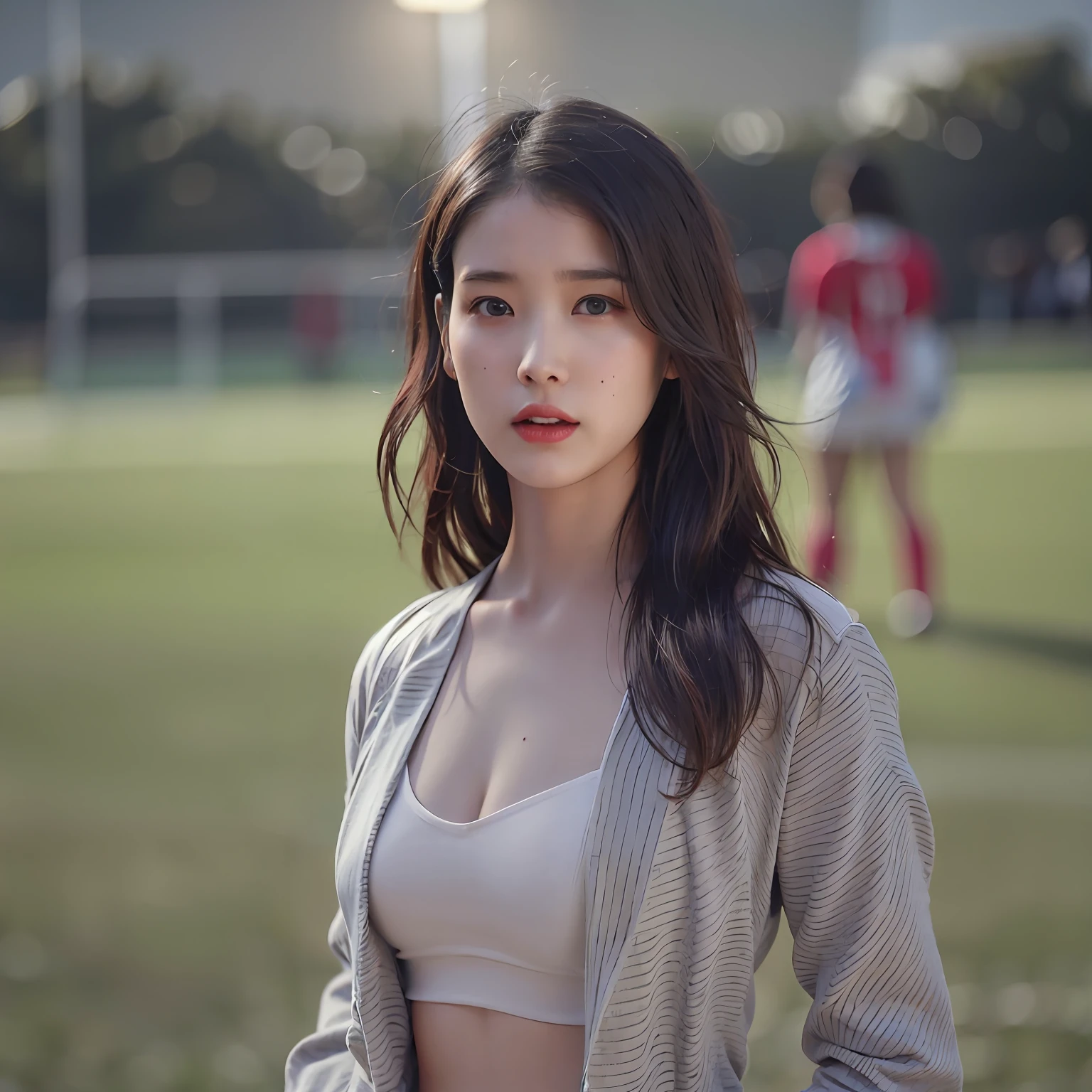 nikon RAW photo,8 k,Fujifilm XT3,photorealistic,realistic, solo, photorealistic, best quality, ultra high res, (skin spots:0.1) serious expression, , standing against a soccer field, woman football tight sexy suit, football lady clothes, masterpiece, best quality, extremely detailed face, perfect lighting, solo,1girl, sexy sight best quality, ultra high res, photorealistic, ultra detailed, masterpiece, best quality, iu1, tiny nice butt, photoshoot