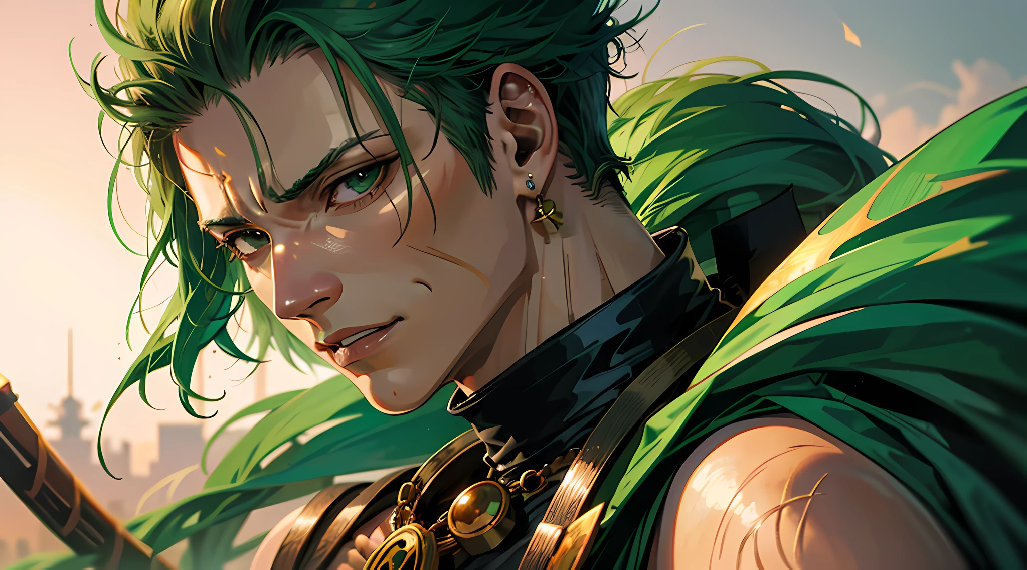 Roronoa Zoro, one piece anime, man, earrings, face, green_hair, jewelry, male_focus, outdoors, short_hair, symmetrical body, portrait, cinematic lighting, high contrast, artstation, character concept art, 8K , simple background, scar over one eye