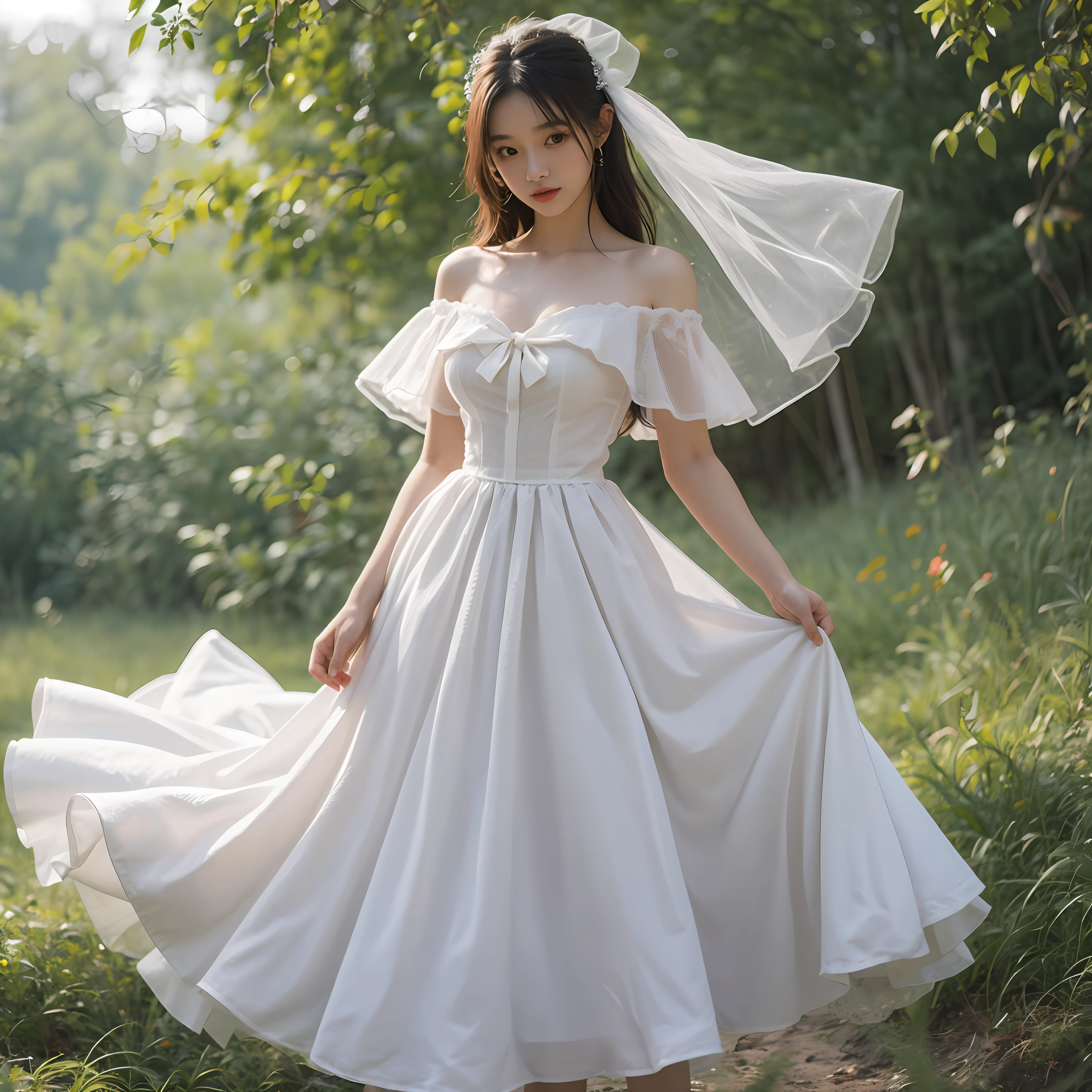 Beautiful 22 year old young lady perfect height ratio wearing white wedding dress tight dress off-the-shoulder waist ribbon