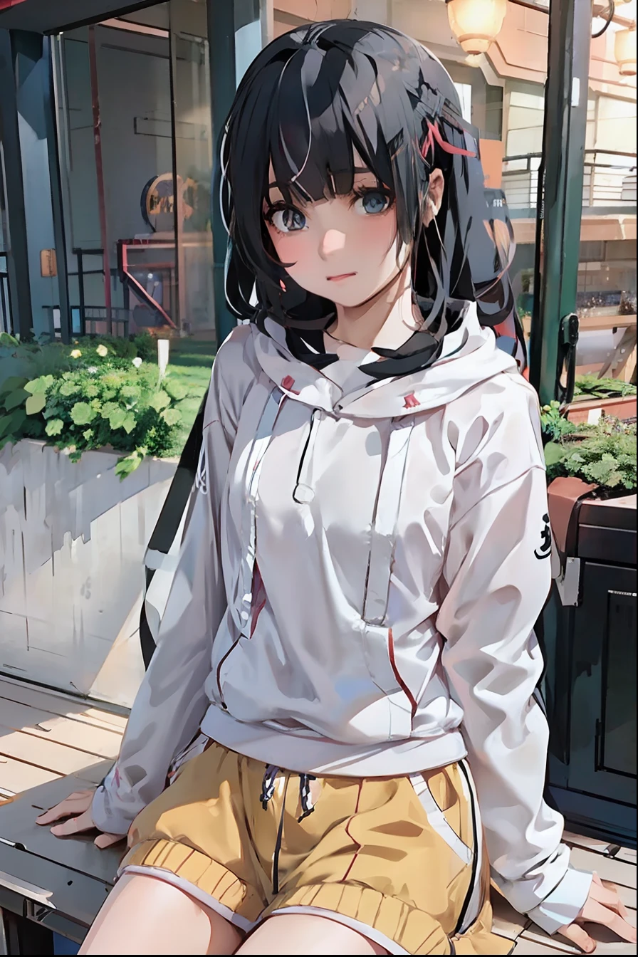 anime girl sitting on a bench in front of a house, hinata hyuga, hinata hyuga from naruto, black haired girl wearing hoodie, hana yata, kotegawa yui, portrait of mayuri shiina, from naruto, shikamimi, iwakura lain, kimi takemura, anime visual of a cute girl