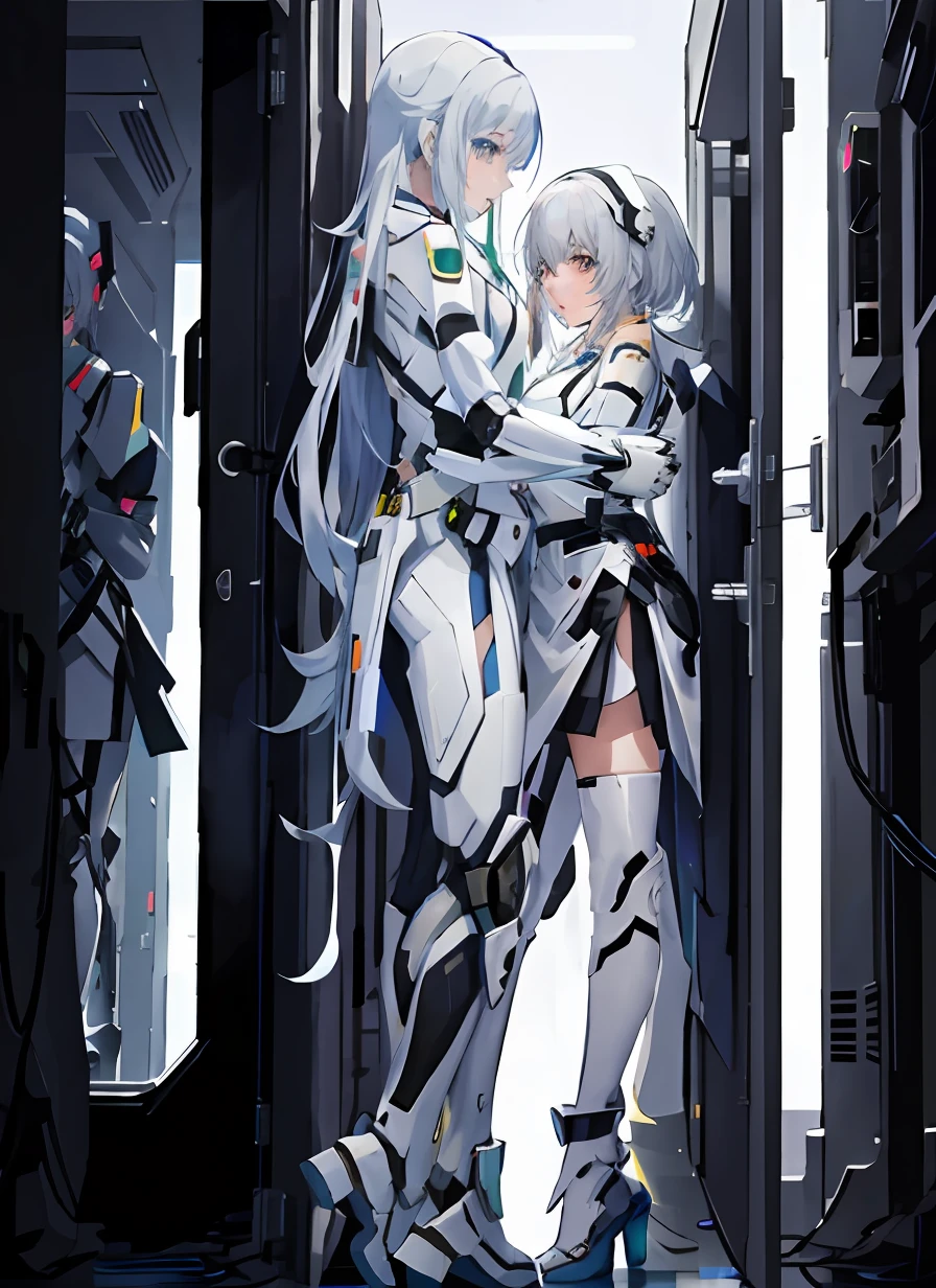 Anime characters in front of a hallway with an open door, cyberpunk anime girl mech, Digital cyberpunk anime mecha aesthetic, in white futuristic armor, girl in mecha cyber armor,The two white-haired girls looked at each other affectionately。。