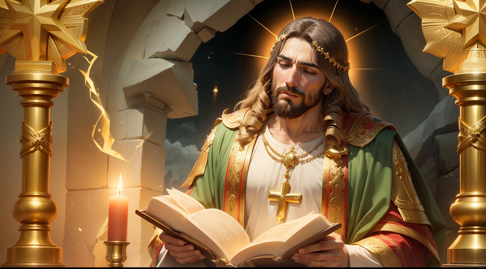 dinheiro, SACRED BIBLE, powerful prayer, Biblical setting, Jesus in prayer , Gold in abundance, sacred prayer. prosperidade, riqueza, velas de ouro, Jesus Cristo, chuva de ouro, nuvens, Estrelas cintilantes