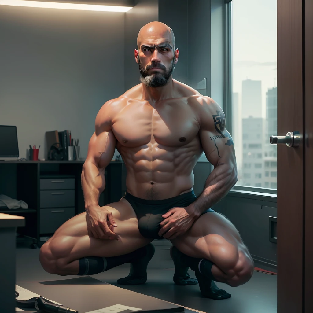 45 yers old,Guardiola, ,Shirtless,Tong,Bulge,office room,Two people knelt,black long socks,Thin,musculature,lbeard,fortitude,artwork of a,tmasterpiece,k hd,red leotard
