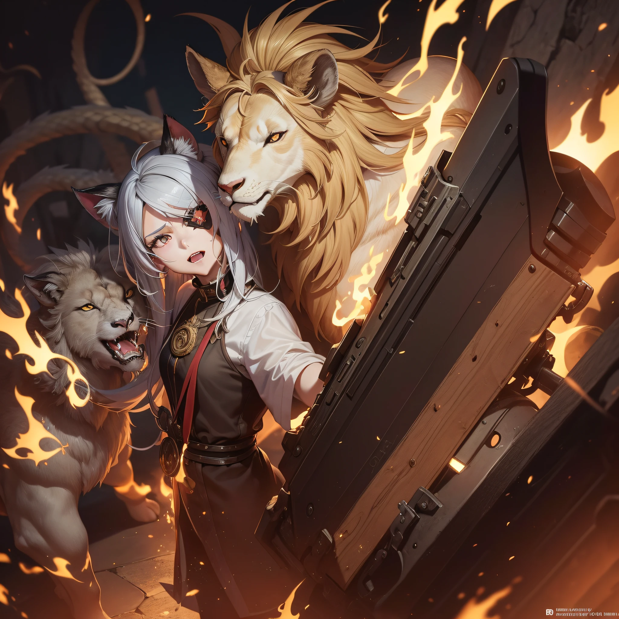 Chimera dynamism, eyepatch, blonde hair, messy hair, facepaint, forehead mark, fangs, fangs, angry, silver hair, front ponytail, from above, UHD, 8k, best quality, Masterpiece Chimaera（Chimera）ha、It is an imaginary creature that appears in ancient Greek lore.、It is a being with unique animal characteristics.。Below is、Let's express a general Chimera image with keywords.： Ancient Greek lore The head of a fire-breathing lion The body and head of a goat The tail of a snake Fearsome appearance Ferocious personality Considered to be invincible Challenger who confronts heroes Representative of yokai and monsters Chimera is、Spit fire on the lion's head、The body and head of a goat、And has an eerie figure with a snake tail。With its ferocious character and powerful power,、Appear in ancient Greek lore and mythology as a challenger to stand up to heroes。