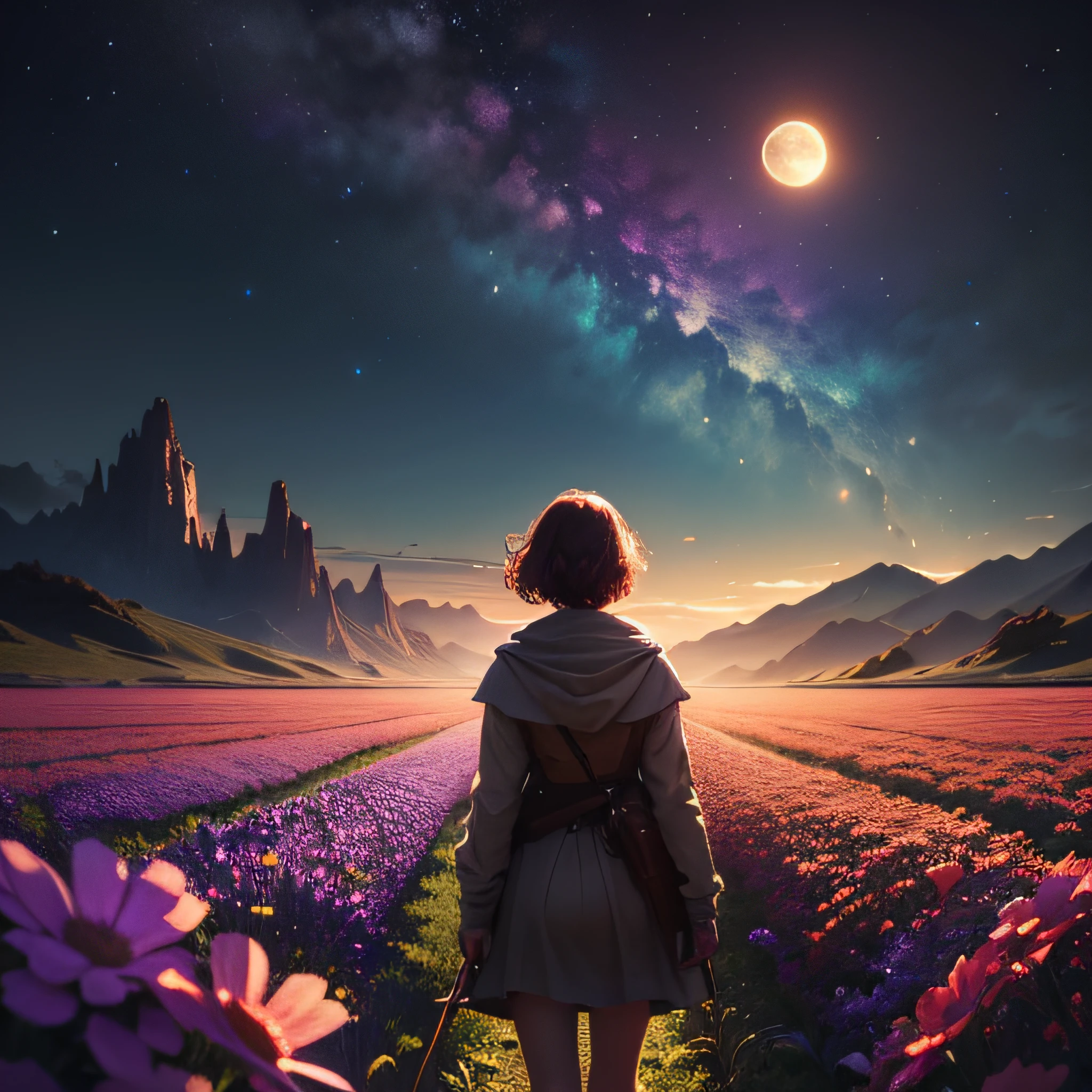 A wide landscape photo, (viewed from below, the sky is above, and the open field is below), a girl standing on a flower field looking up, (full moon: 1.2), (meteor: 0.9), (nebula: 1.3), distant mountains , Trees BREAK Crafting Art, (Warm Light: 1.2), (Firefly: 1.2), Lights, Lots of Purple and Orange, Intricate Details, Volumetric Lighting BREAK (Masterpiece: 1.2), (Best Quality), 4k, Ultra Detailed, (Dynamic Composition: 1.4), Rich in Detail and Color, (Rainbow Color: 1.2), (Glow, Atmospheric Lighting), Dreamy, Magical, (Solo: 1.2)