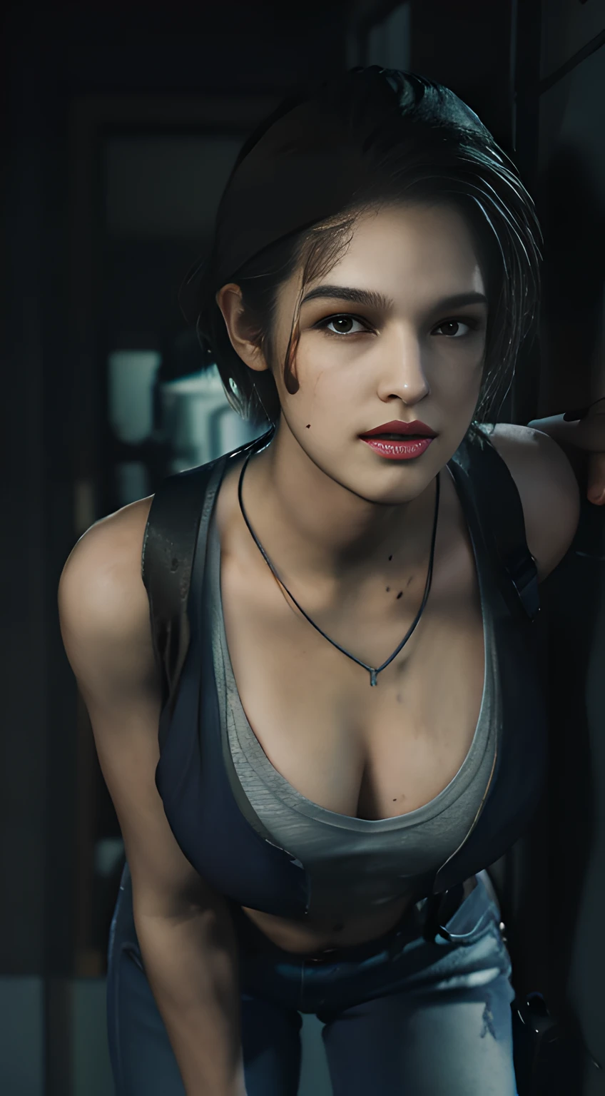 Jill Valentine， Beutiful women， Sexy women， Perfect breasts，(Bigboobs, Bigboobs, Bigboobs), （ full body shot of））， Long legs， hindquarters， are standing，frontage，（looking at viewert）， Low camera angle, Night Street， Connor Harrington，Wearing a blue vest and black skinny jeans，Close-up of a woman with a gun and a gun, glamorous jill valentine, Chloe Price, resident evil inspired, quiet from metal gear solid v, quiet from metal gear solid, heroines, in a dark space mercenary outfit, she is wearing a black tank top, inspired by Leng Mei, videogame character, model is wearing techtical vest，（（full bodyesbian）），