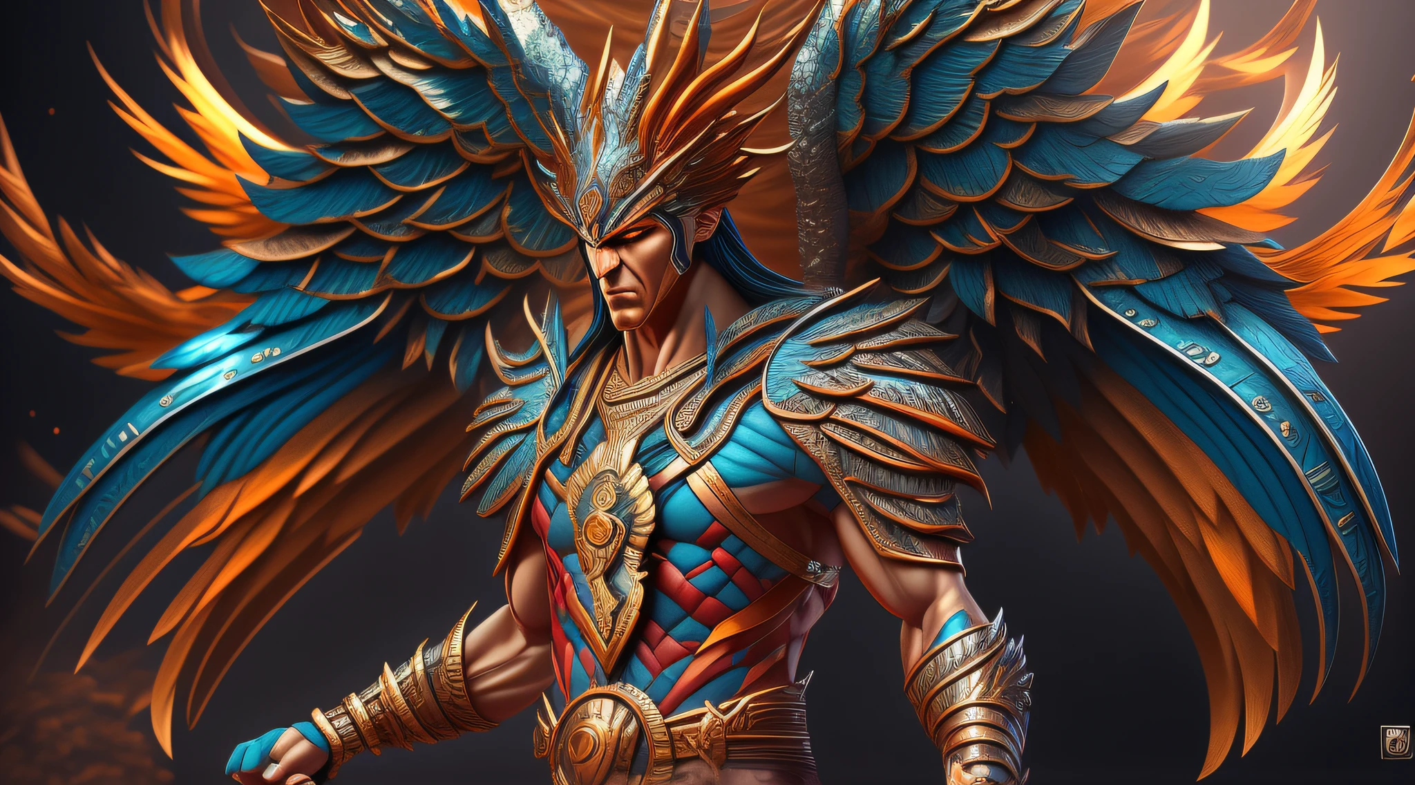 The image shows a realistic 3D sculpture of the Phoenix Warrior, um ser divino com asas. The sculpture is made with vibrant colors and minute details, highlighting its majestic and powerful appearance. Their posture and facial expression demonstrate determination and courage. Image quality is exceptional, with 8K resolution and stunning textures and reliefs. The Phoenix Warrior is the Supreme Hero, with his presence and aura dominating the scene. The image combines mythological and futuristic elements, criando uma imagem fascinante e intrigante.