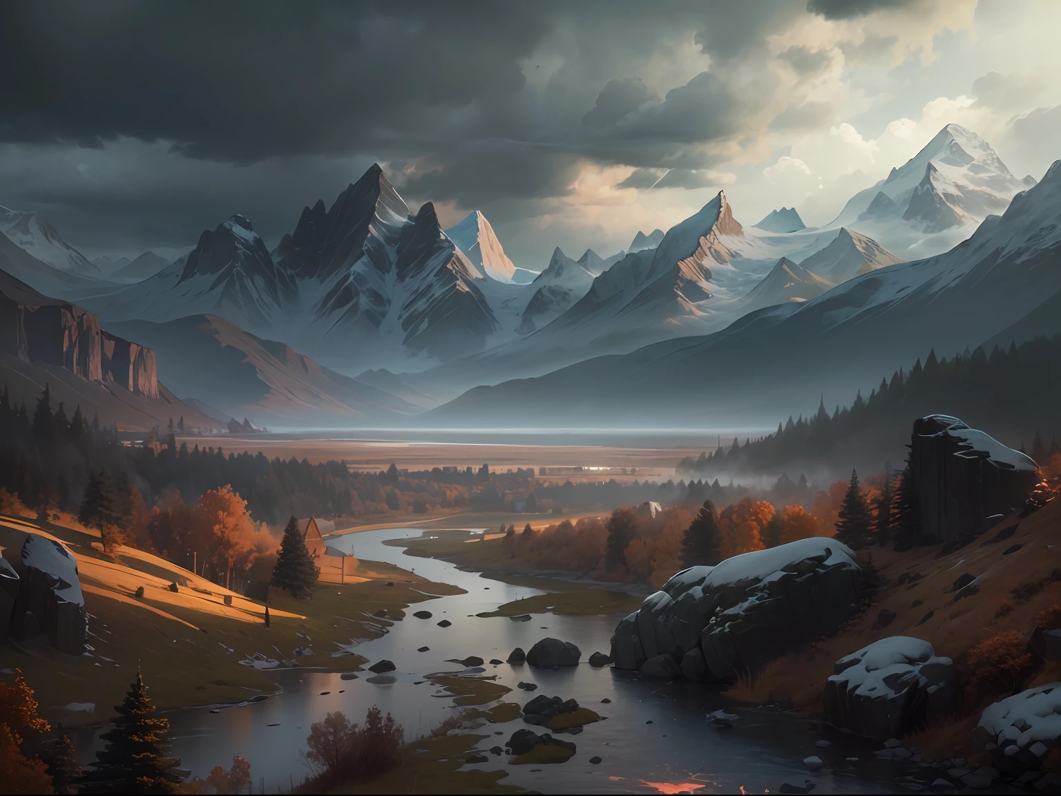 ((Best quality, 8K, Masterpiece: 1.4)),((Amazing detail: 1.3)),((illustration: 1.2)),((High resolution1.1)),When the sky is still cloudy, mountains and rain are coming