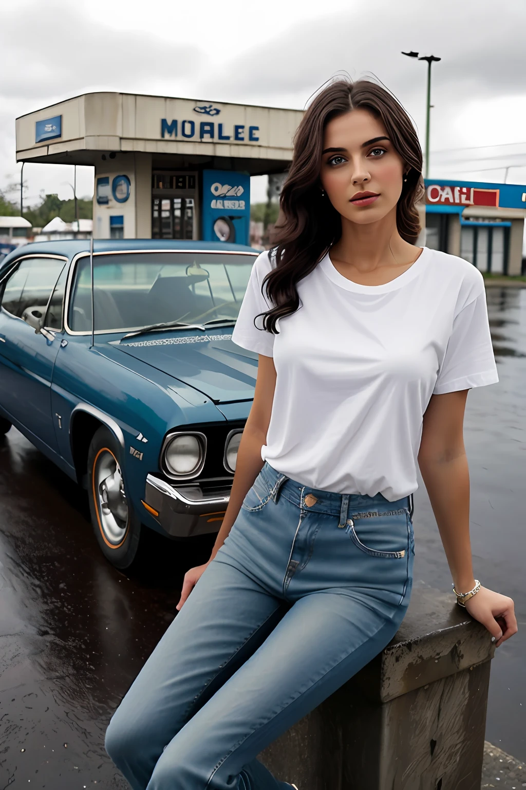 ((Best Quality, 8k, Masterpiece:1.3)), Focus: 1.2, Perfect Body Beauty: 1.4, Arabian 25 years old woman: 1.2, ((Short black curly Hair)), (White plain round neck regular fit basic tee-shirt:1.1), no print on Teeshirt, basic full body length regular fitting tee-shirt, Dark blue skinny jeans, long jeans: 1.1, short sleeves black regular tee-shirt, Highly detailed face and skin texture, Detailed eyes, Double eyelids, toned body, Whitened skin, serious mood, large toned breasts, toned firm legs, high heel's, whitened skin, detailed black eyes, detailed face, middle eastern woman, baggy medium size basic tee-shirt, simple plain Baggy Tee-shirt, toned firm hips, 8K UHD, black anklet, model looks, apocalypse city, rainy weather, dark clouds, silver wrist watch, bracelet, bangle's, open legs style Posing, old gas station, sitting on a old wooden chair, high heels, detailed beautiful feets, detailed feets fingers and shape, dusty sunny weather, old petrol pump, rainy atmosphere, wet roads, model shoot style, she's standing front of Chevrolet Impala, full car seen in image, cloudy sky