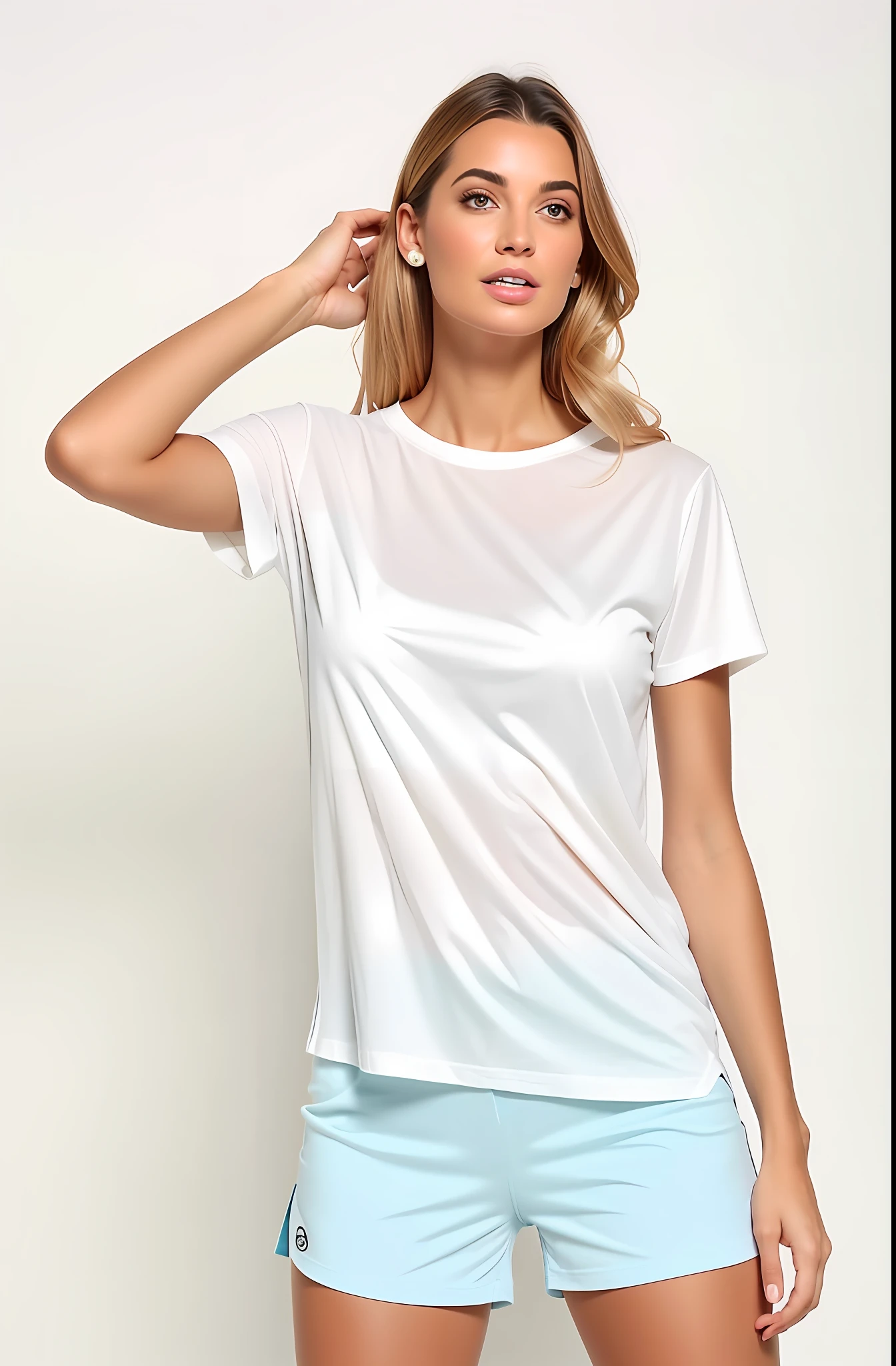 uma mulher muito linda de camisa branca e shorts esportivo azul posando para uma foto, camiseta branca, T-shirt branca, camiseta, T - Camisa, camiseta branca, shorts esportivo bem curto tem, camisa justa, Roupa branca, Basic clothes, shorts de tennis, camiseta molhada, Jovana Rikalo, Manchas, camiseta molhada, camiseta lisa