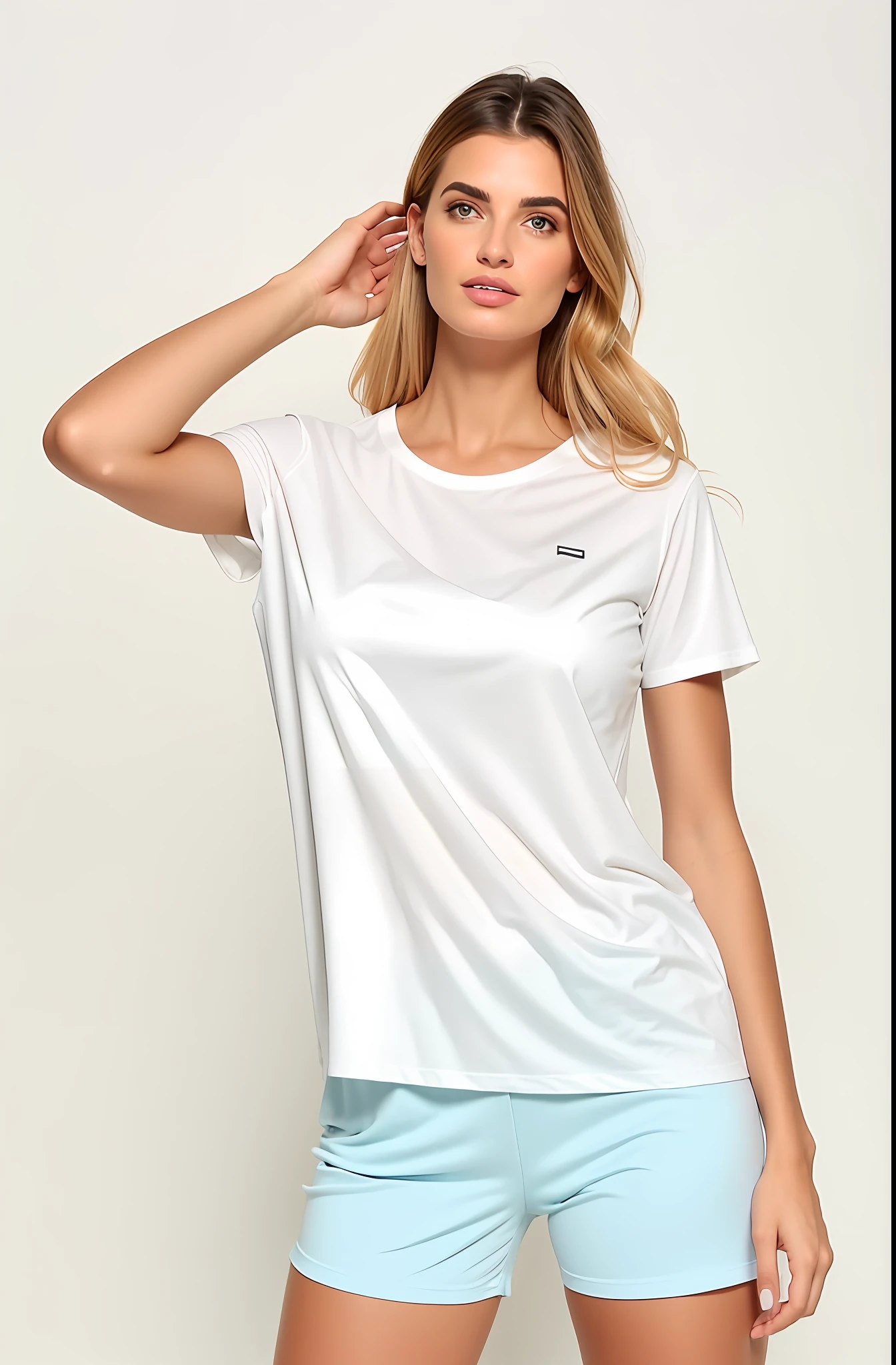 uma mulher muito linda de camisa branca e shorts esportivo azul posando para uma foto, camiseta branca, T-shirt branca, camiseta, T - Camisa, camiseta branca, shorts esportivo bem curto tem, camisa justa, Roupa branca, Basic clothes, shorts de tennis, camiseta molhada, Jovana Rikalo, Manchas, camiseta molhada, camiseta lisa