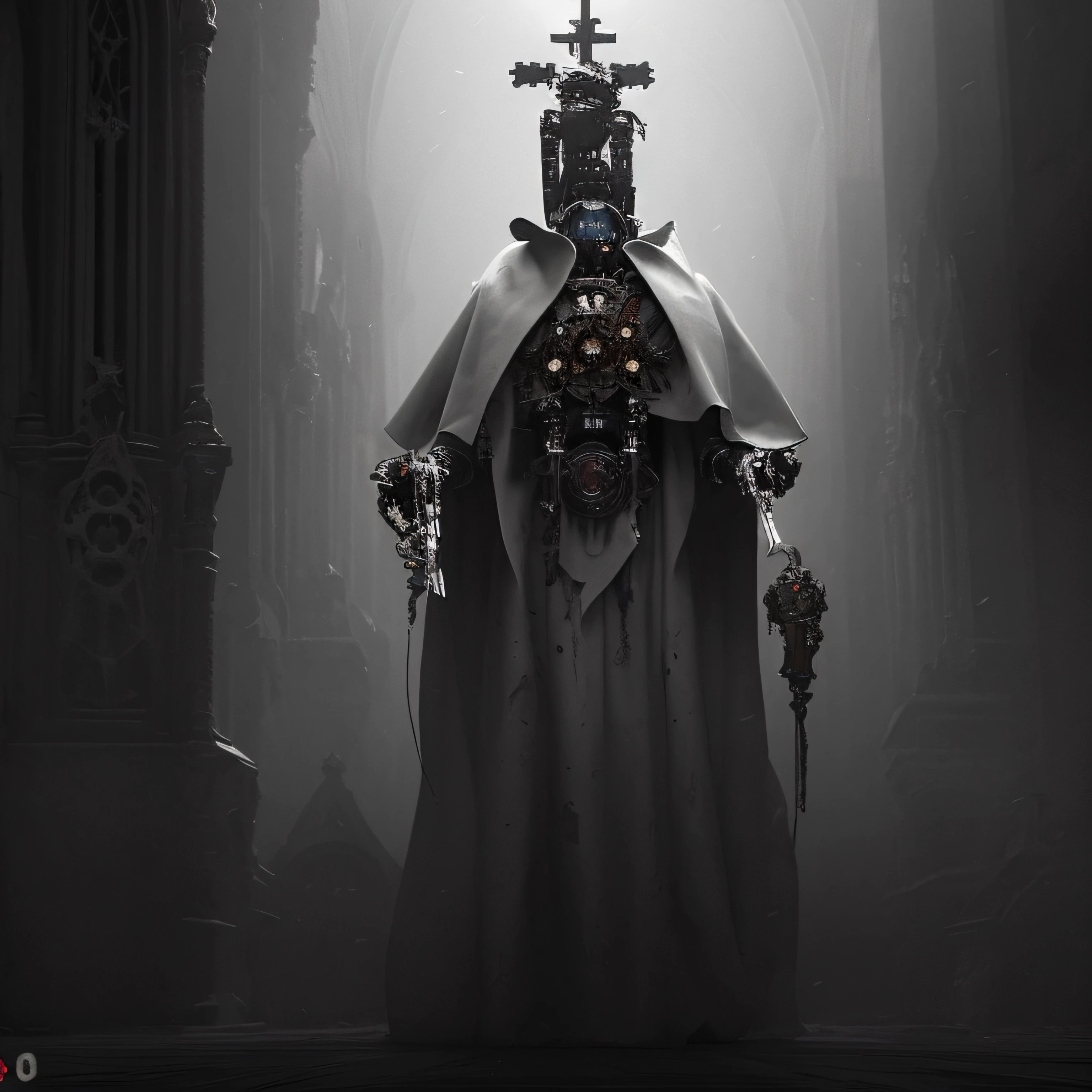 Arfed image of a macabre robot with a dark one, Old robe and a cross-shaped crown inside a dark Gothic cathedral, nevoeiro, Directed by: Ludwik Konarzewski Jr, Directed by: Tadeusz Pruszkówski, Warhammer 40K Imperador da Humanidade, Directed by: Adam Marczyński, CGSetnação ), Premiado na CGSetaltion, robot bishop guards, Wojtek FUS, Directed by: Roman Bezpalkiv