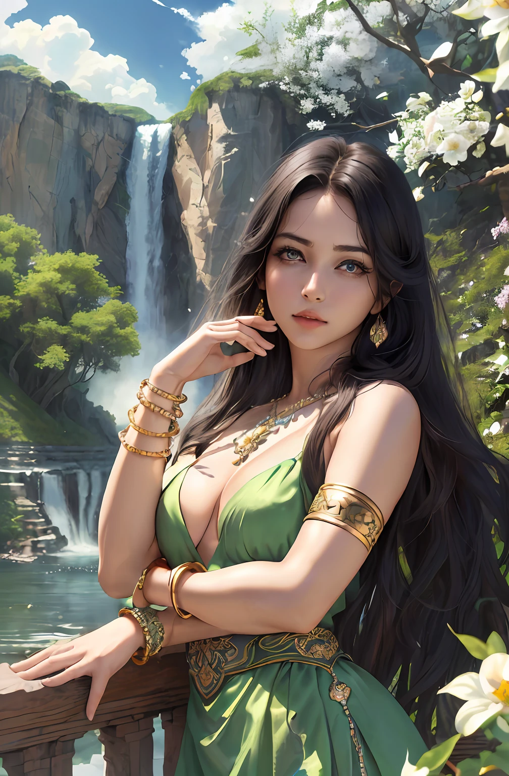 ((Realistic:1.5)),((Best quality)), ((Masterpiece)),((Detailed)),2girls,duo,{2 beautiful girls},PureErosFace_V1,Urzang-6500-V1 Edition.1, (Upper body:1.3),royal skimpy underwear, Hug and touch each other, Tease your friend's waist, Breathless friends, Biting a friend's earlobe, crouched,super wide shot,Face focus, Curvy, Barefoot, Medium breasts, Wide hips, Thin legs, Super big eyes,Long eyelashes, (Detailed face,beautidful eyes, detailedpupils,detailed clothes features, Clear background:1.3), (armlets, bangle:1.3),Mysterious ancient ruins, floresta exuberante, Deep canyon,bridge,River,cliff,Cloud,lakes,Rock music,Waterfalls, Flowers, Grass,grape trees,tree,bright detail,Sharp,Perfect compounding, Intricate, Sharp focus, Dramatic,