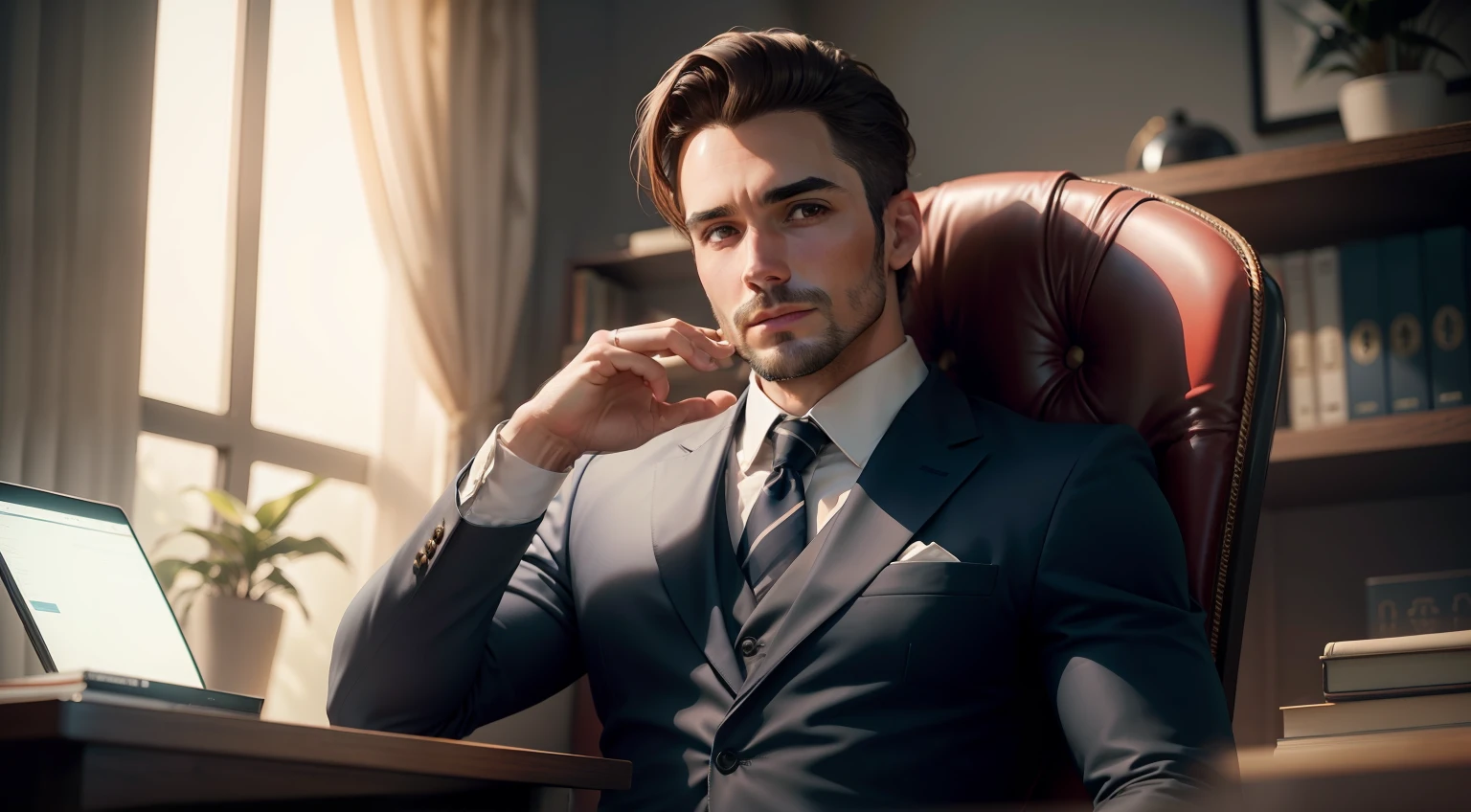 Um homem de 32 anos com terno, sitting straight in his chair in his luxury office, com o rosto reto.