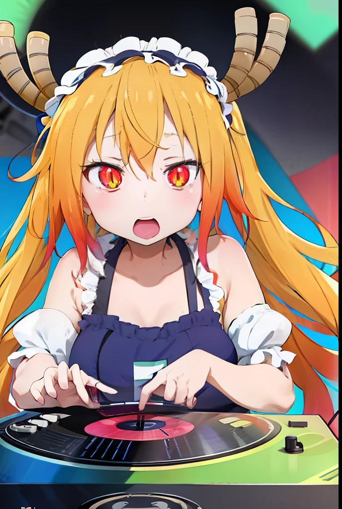 "A solo shot featuring tohru  a DJ, showcasing her skills on the turntables at a vibrant rave."