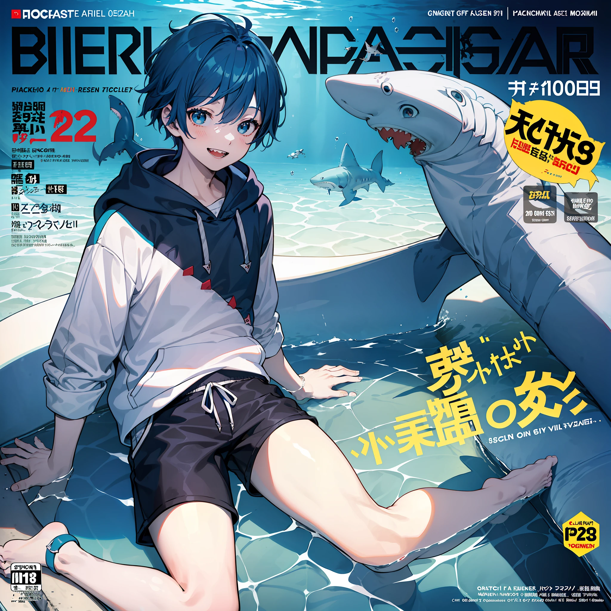 masterpiece, best quality, full body, (1boy), (Wearing a blue shark tail hoodie), (smiling shark teeth),(Boy Messy Japanese Round Haircut for Thick Hair), (blue hair), black shorts, ((solo)), (magazine:1.3), (cover-style:1.3), fashionable,Under water, (in side tunnel aquarium),