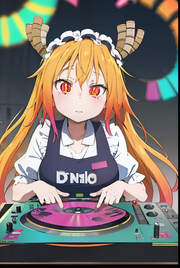 "A solo shot featuring tohru  a DJ, showcasing her skills on the turntables at a vibrant rave."