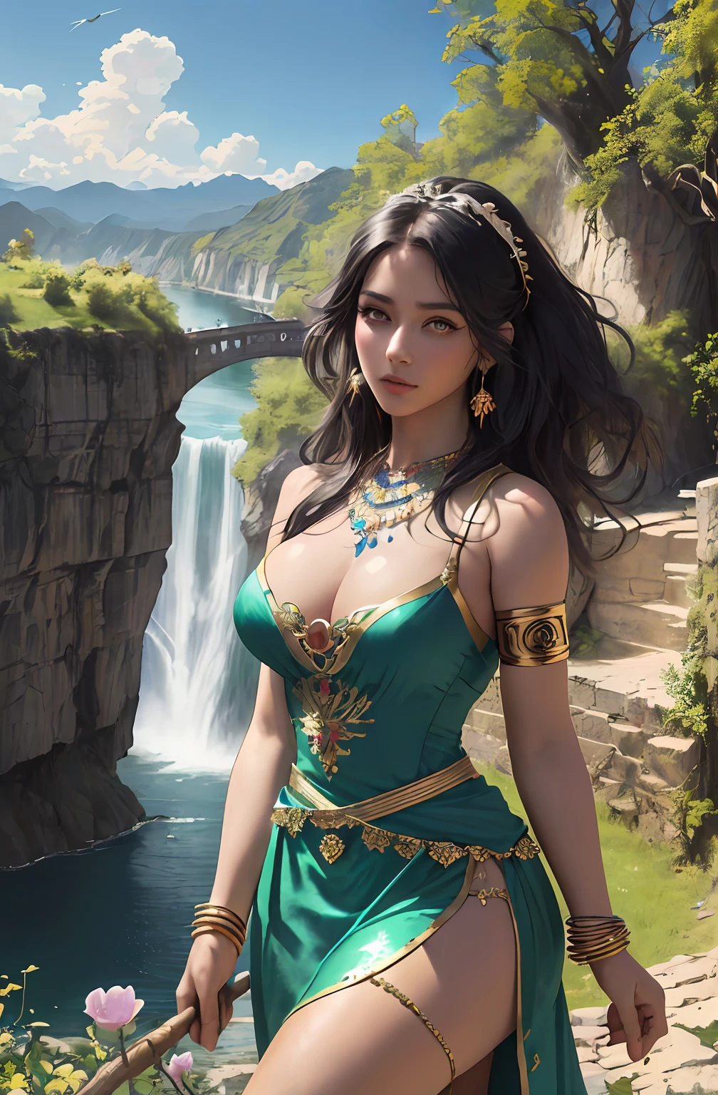((Realistic:1.5)),((Best quality)), ((Masterpiece)),((Detailed)),2girls,duo,{2 beautiful girls},PureErosFace_V1,Urzang-6500-V1 Edition.1, (Upper body:1.3),royal skimpy underwear, Hug and touch each other, Tease your friend's waist, Breathless friends, Biting a friend's earlobe, crouched,super wide shot,Face focus, Curvy, Barefoot, Medium breasts, Wide hips, Thin legs, Super big eyes,Long eyelashes, (Detailed face,beautidful eyes, detailedpupils,detailed clothes features, Clear background:1.3), (armlets, bangle:1.3),Mysterious ancient ruins, floresta exuberante, Deep canyon,bridge,River,cliff,Cloud,lakes,Rock music,Waterfalls, Flowers, Grass,grape trees,tree,bright detail,Sharp,Perfect compounding, Intricate, Sharp focus, Dramatic,
