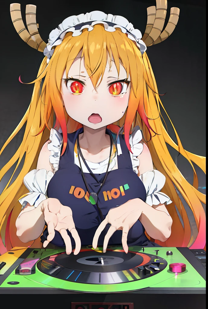 "A solo shot featuring tohru  a DJ, showcasing her skills on the turntables at a vibrant rave."