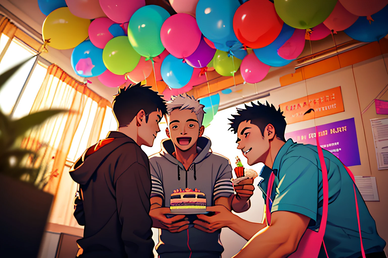 Three boys,a lot of balloons,The birthday cake,Support each other